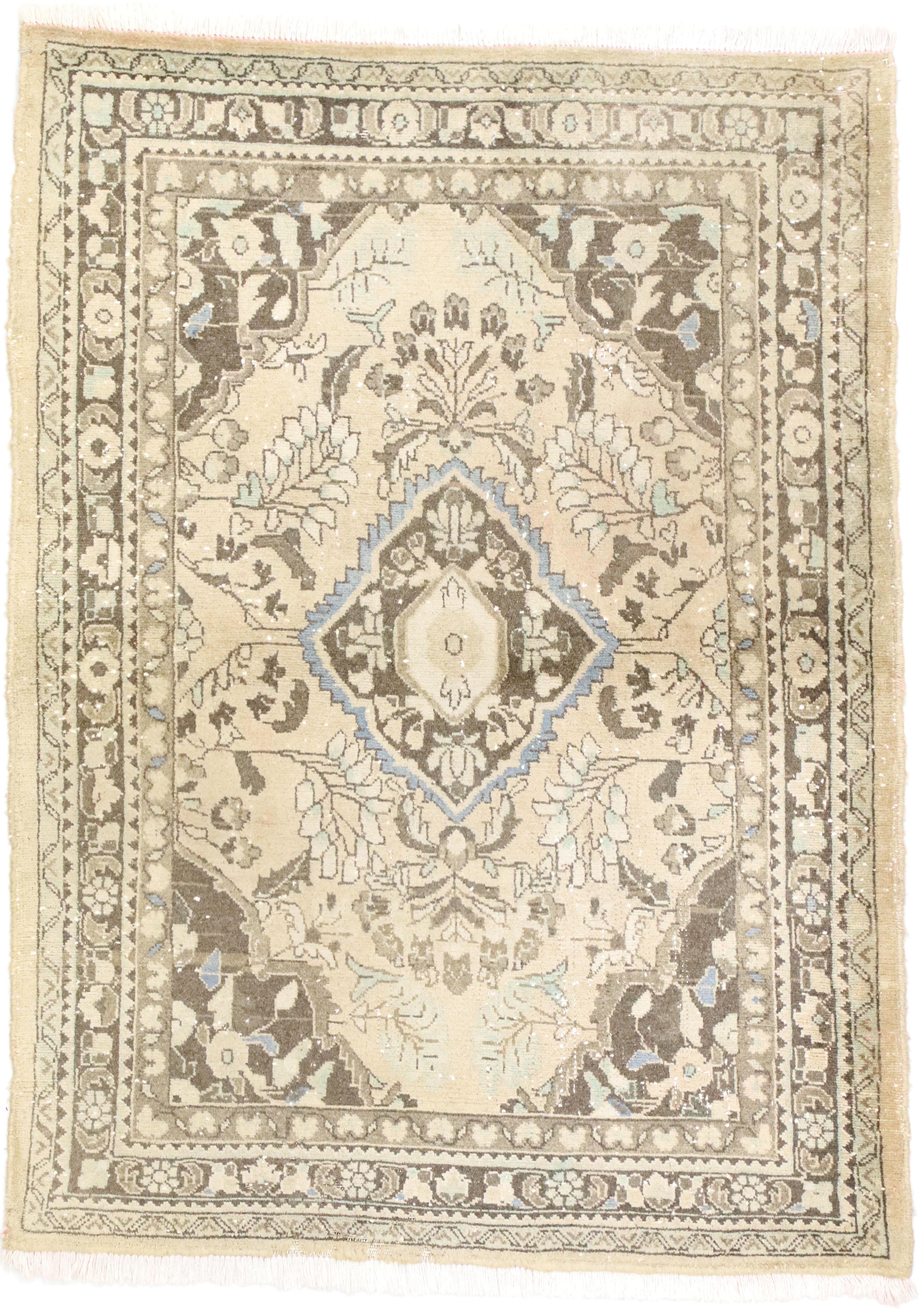 60270 Distressed Vintage Persian Hamadan Accent Rug with Romantic French Regence Style 03’09 x 05’03. Refined glamour and neutral colors meet romantic French Regence style in this hand knotted wool vintage Persian Hamadan accent rug creating a sense