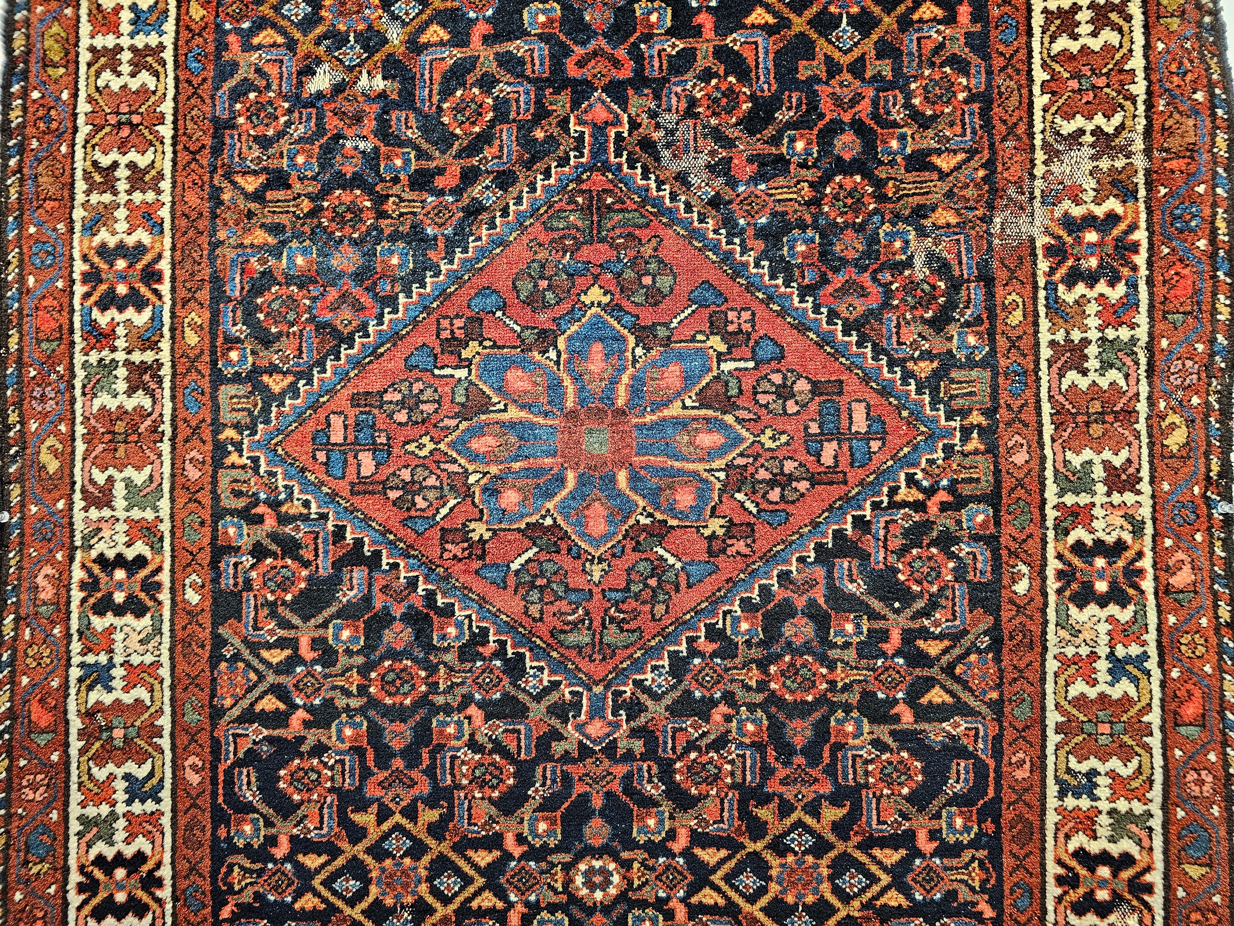 Vintage Persian Malayer Area Rug in Allover Pattern in Navy, Red, Blue, Brown In Good Condition For Sale In Barrington, IL