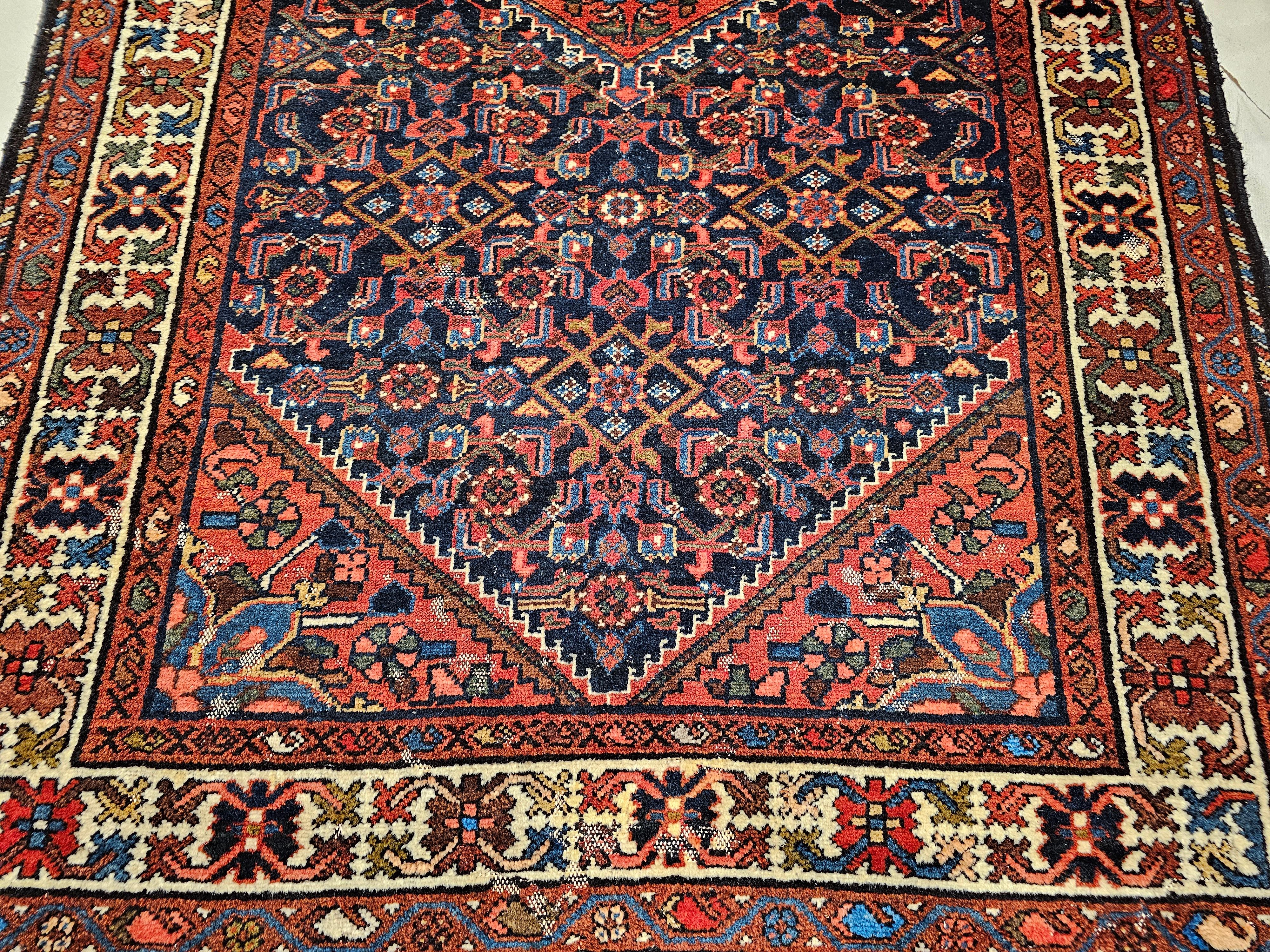 20th Century Vintage Persian Malayer Area Rug in Allover Pattern in Navy, Red, Blue, Brown For Sale