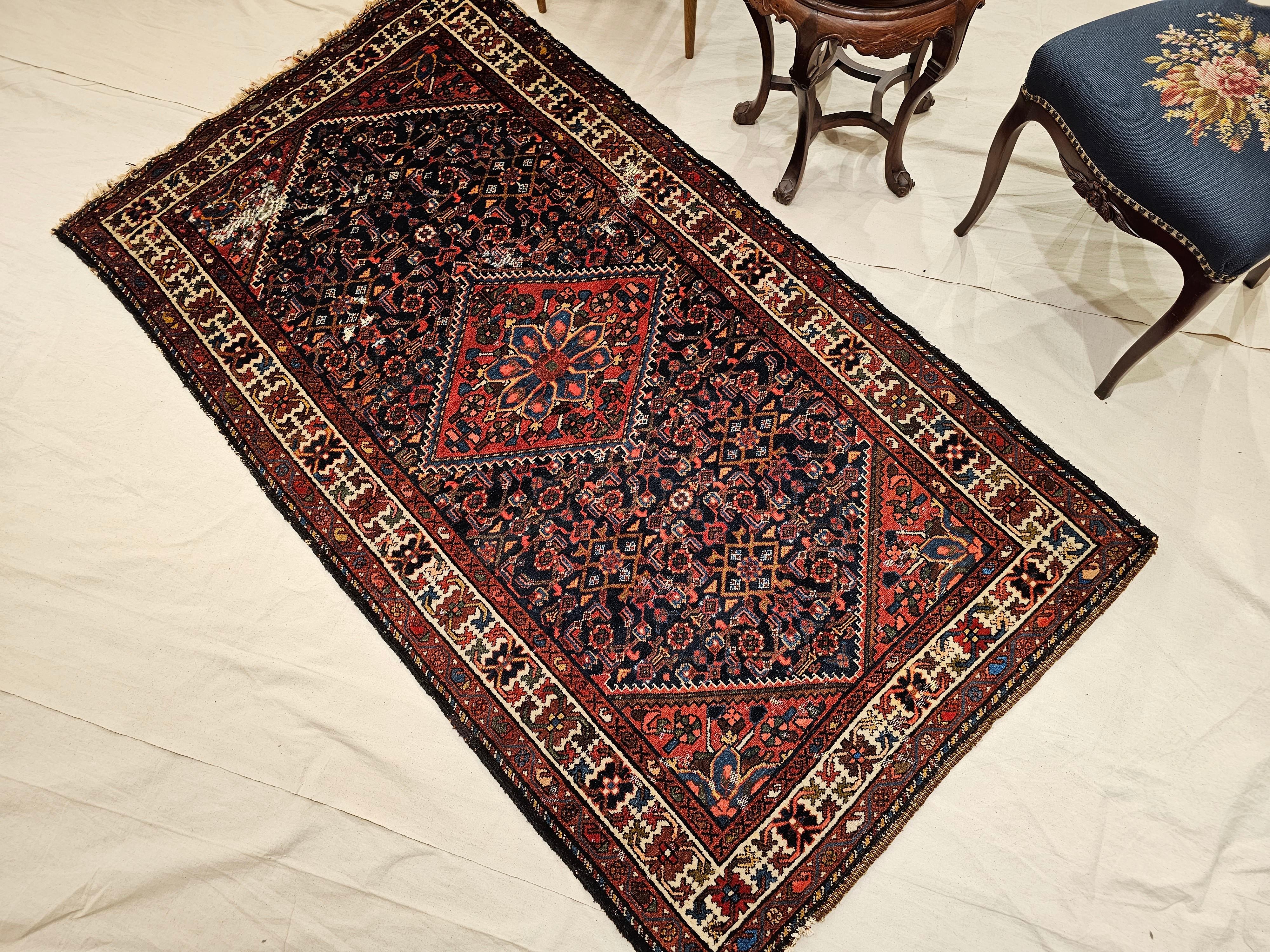 Vintage Persian Malayer Area Rug in Allover Pattern in Navy, Red, Blue, Brown For Sale 3