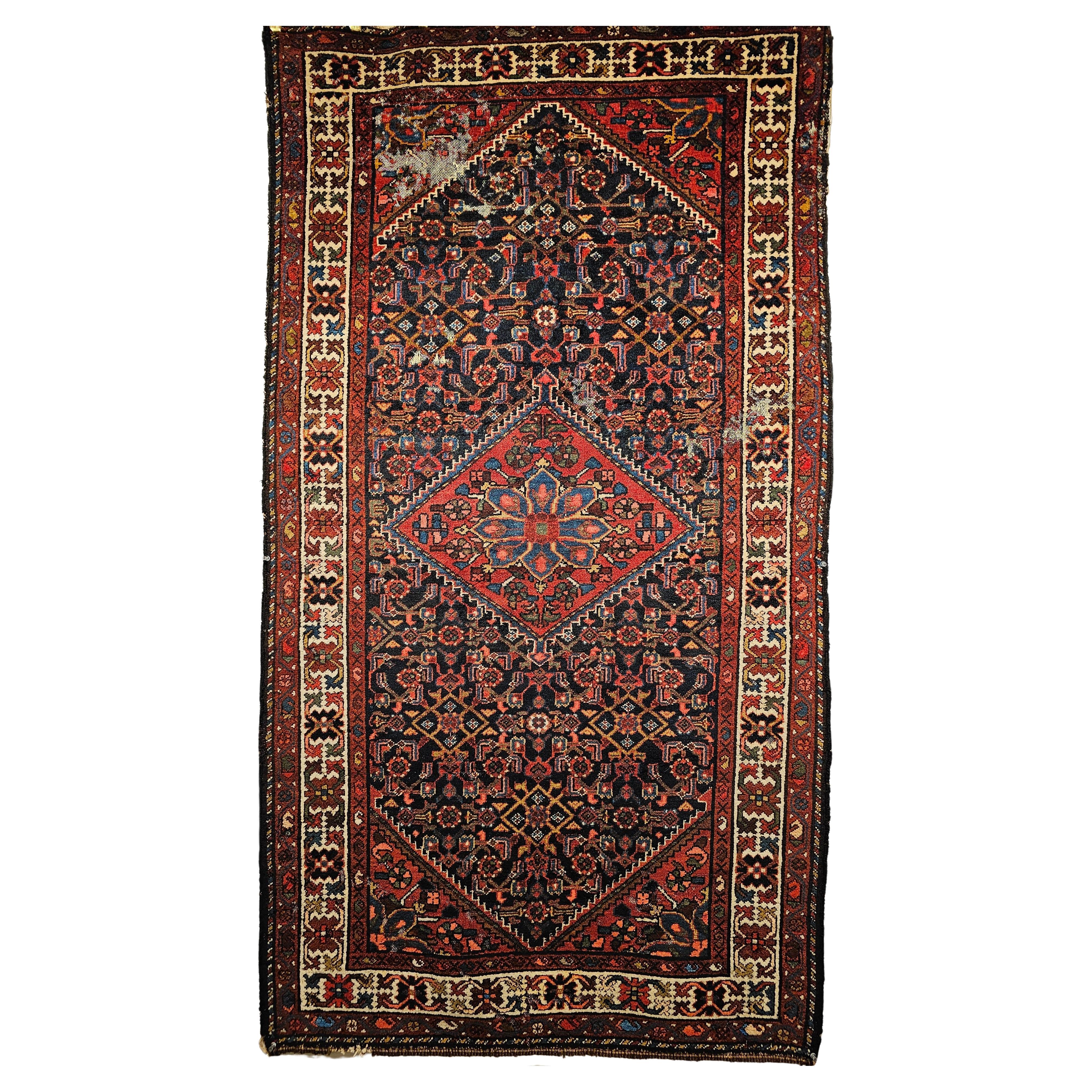 Vintage Persian Malayer Area Rug in Allover Pattern in Navy, Red, Blue, Brown