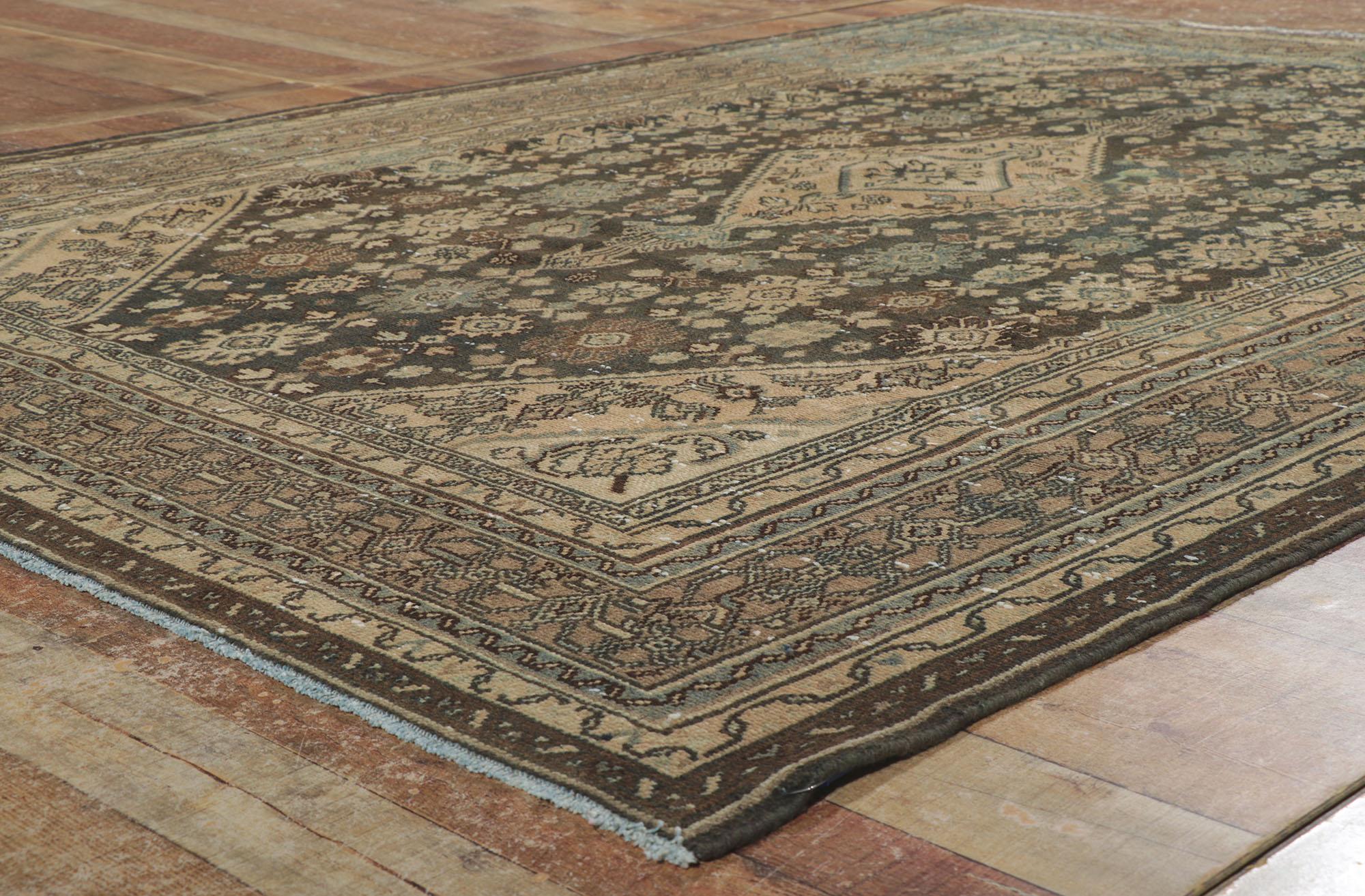 Distressed Vintage Persian Hamadan Rug, Luxury Lodge Meets Relaxed Refinement For Sale 2