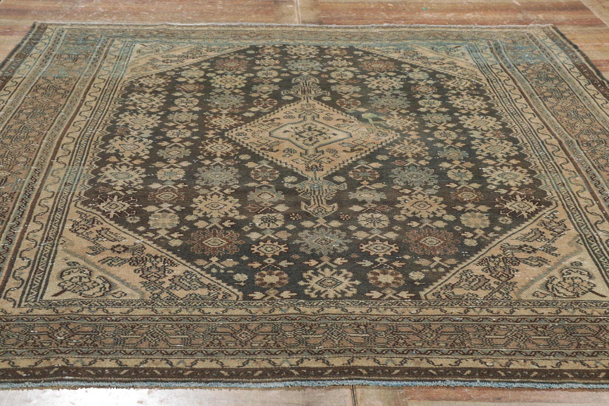 Distressed Vintage Persian Hamadan Rug, Luxury Lodge Meets Relaxed Refinement For Sale 3