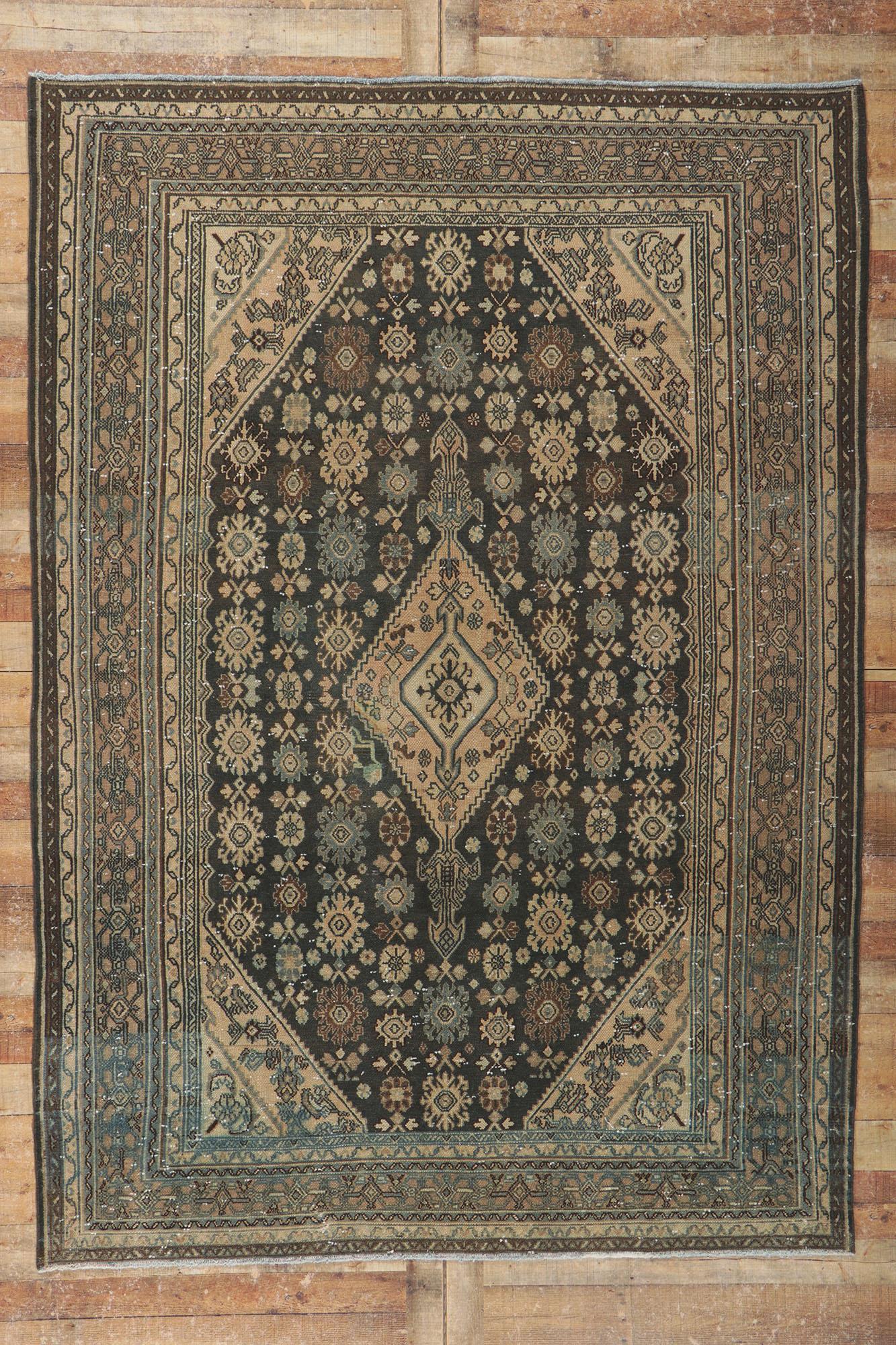 Distressed Vintage Persian Hamadan Rug, Luxury Lodge Meets Relaxed Refinement For Sale 4