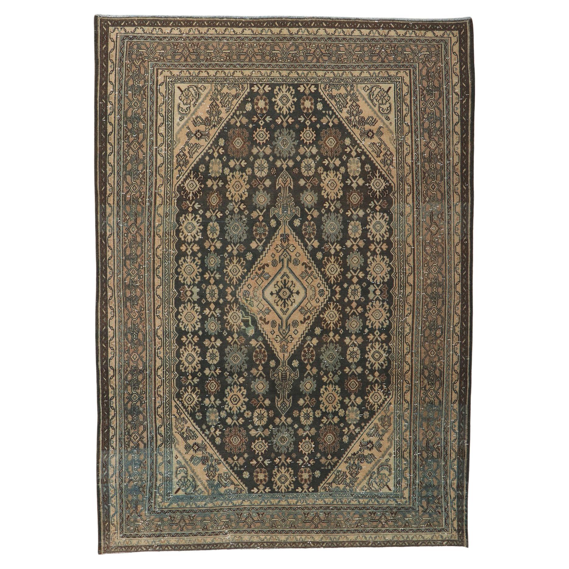 Distressed Vintage Persian Hamadan Rug, Luxury Lodge Meets Relaxed Refinement For Sale