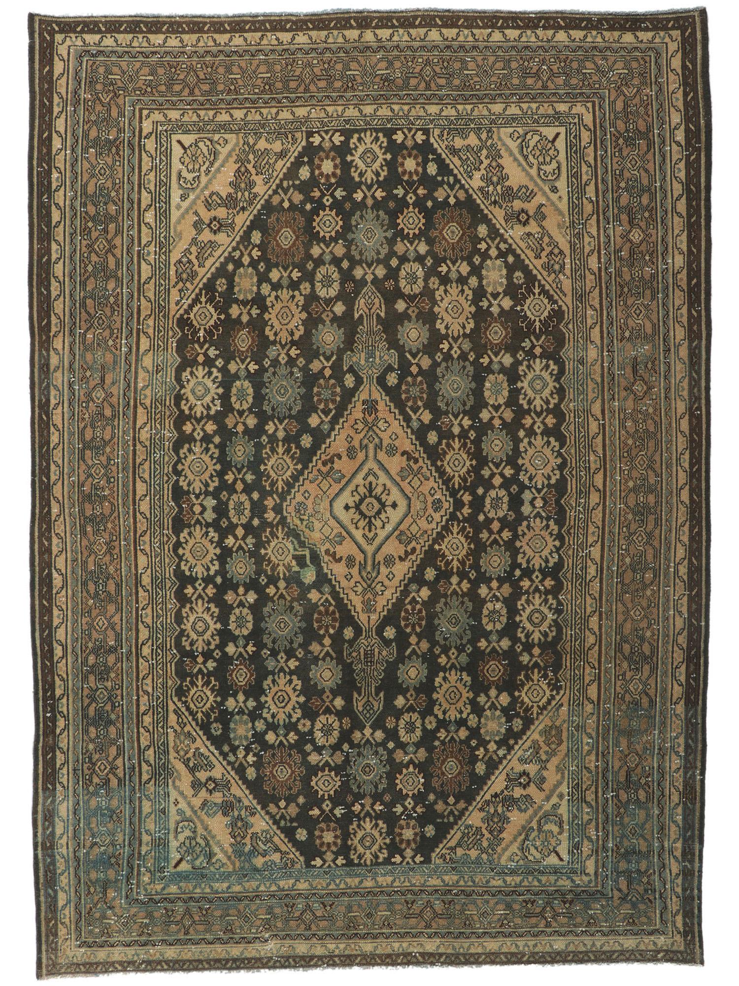 Distressed Vintage Persian Hamadan Rug, Luxury Lodge Meets Relaxed Refinement For Sale 5