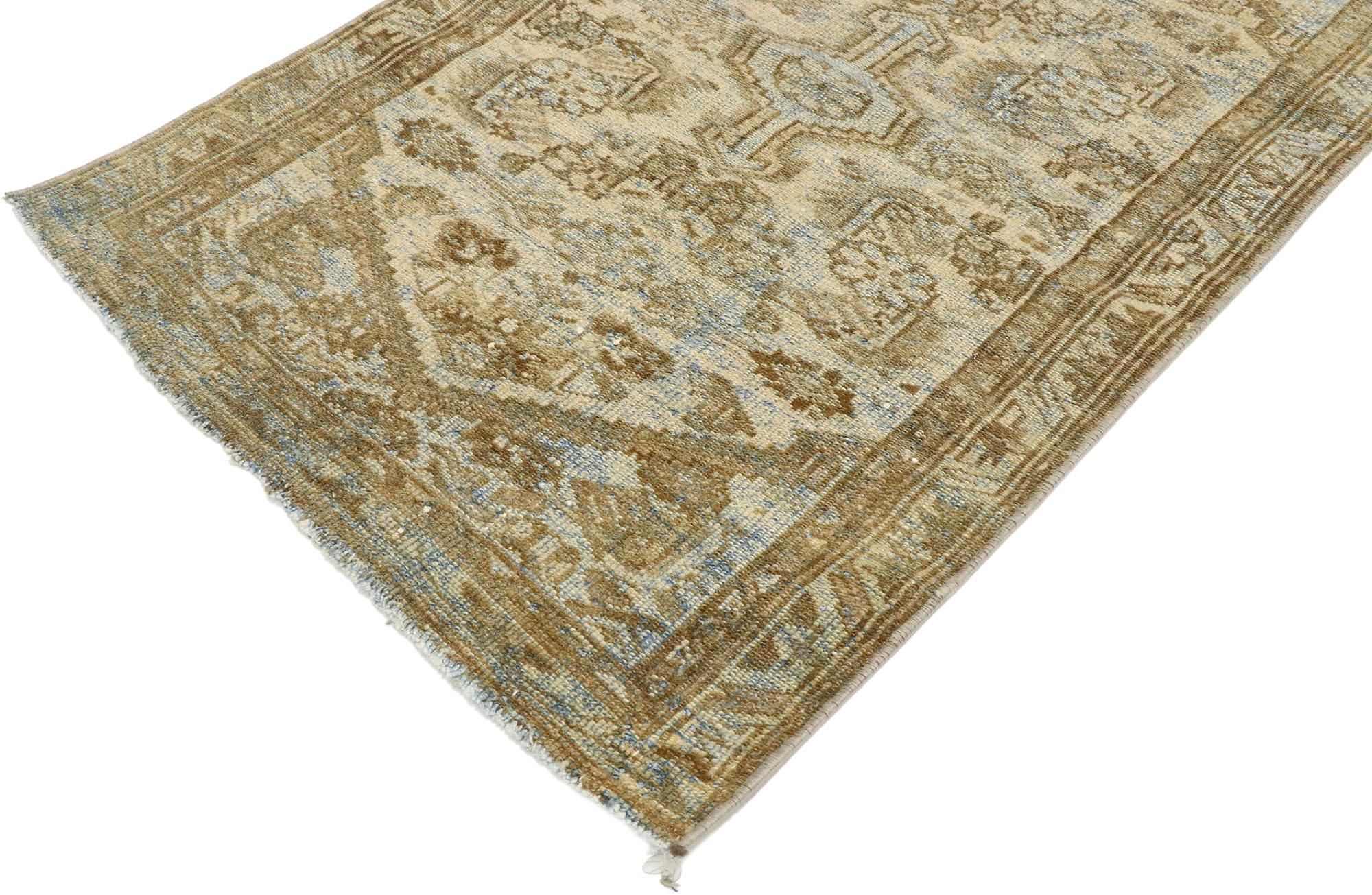 53090, distressed vintage Persian Hamadan rug with Gustavian style. Lovingly timeworn with Gustavian grace, this hand knotted wool distressed vintage Persian Hamadan rug displays nostalgic charm and inimitable warmth. The antique washed field