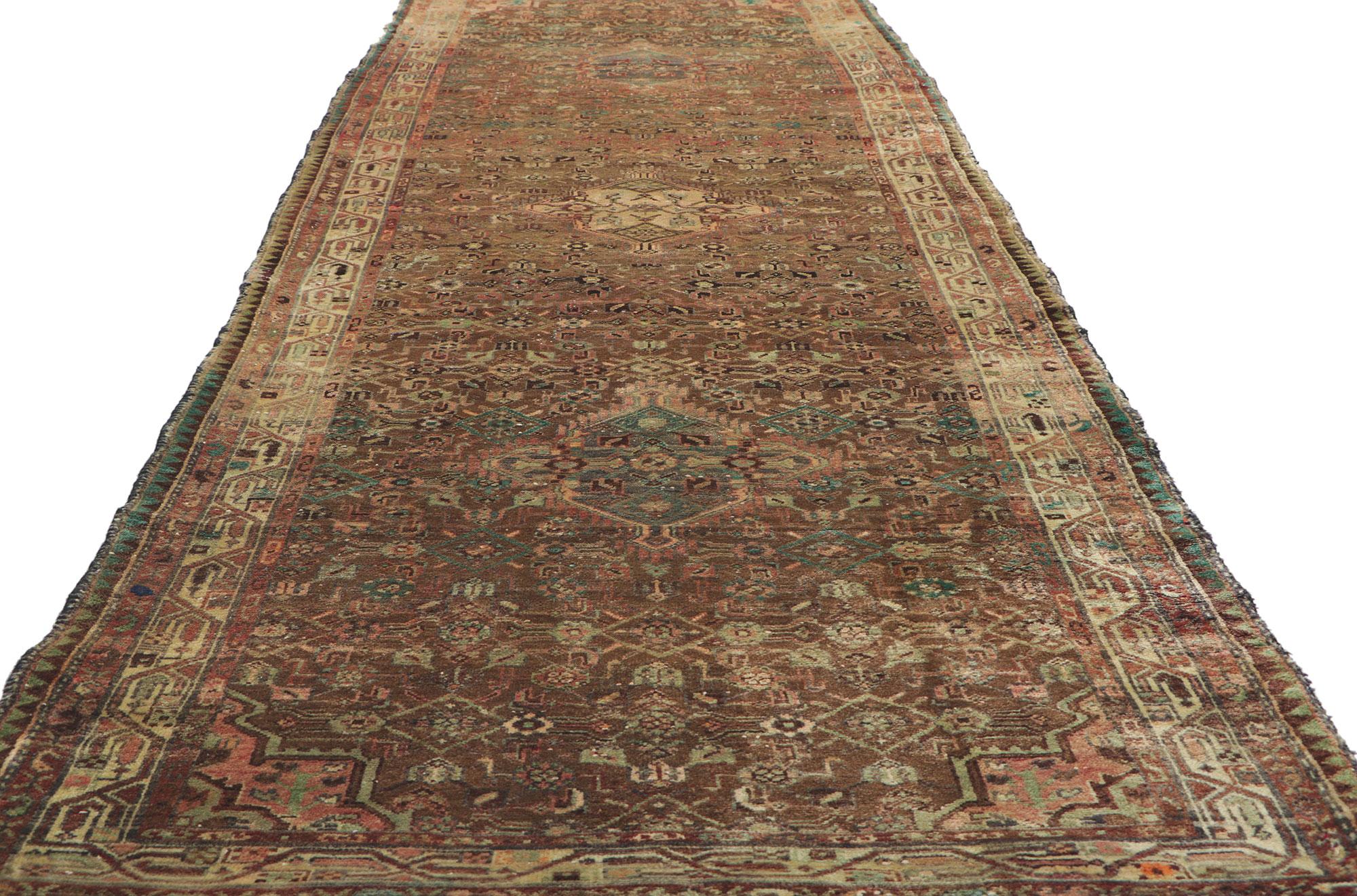 Hand-Knotted Distressed Vintage Persian Hamadan Runner with Herati Design For Sale