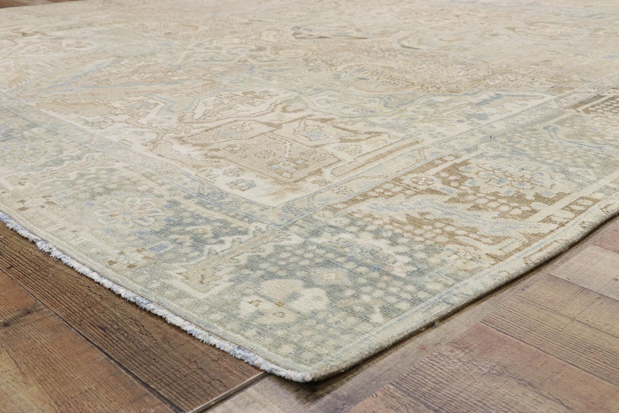 Hand-Knotted Distressed Vintage Persian Heriz Design Rug with Rustic English Manor Style For Sale