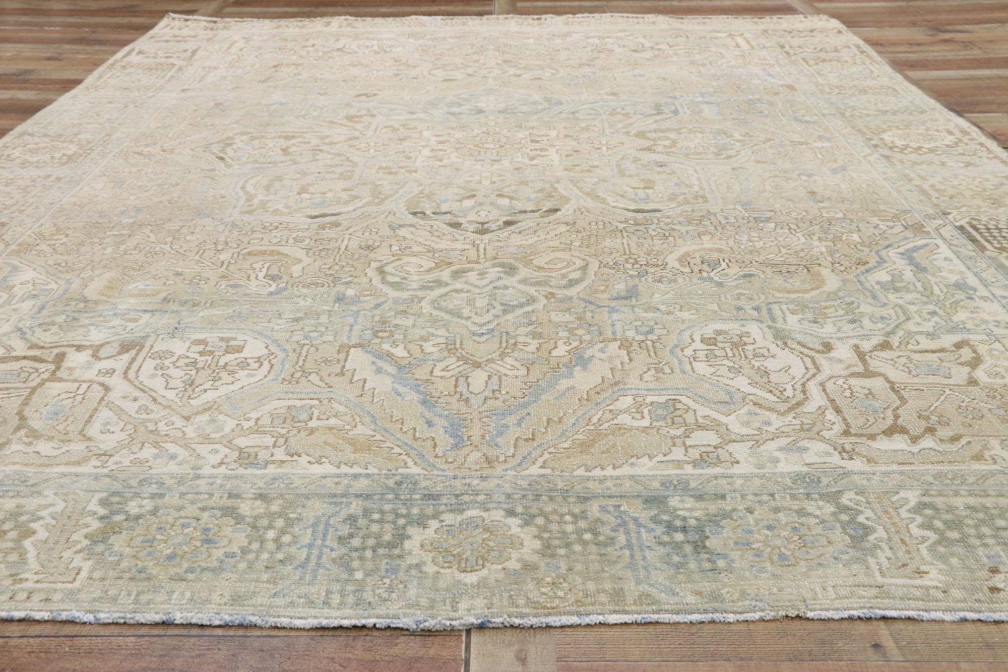 Distressed Vintage Persian Heriz Design Rug with Rustic English Manor Style In Distressed Condition For Sale In Dallas, TX