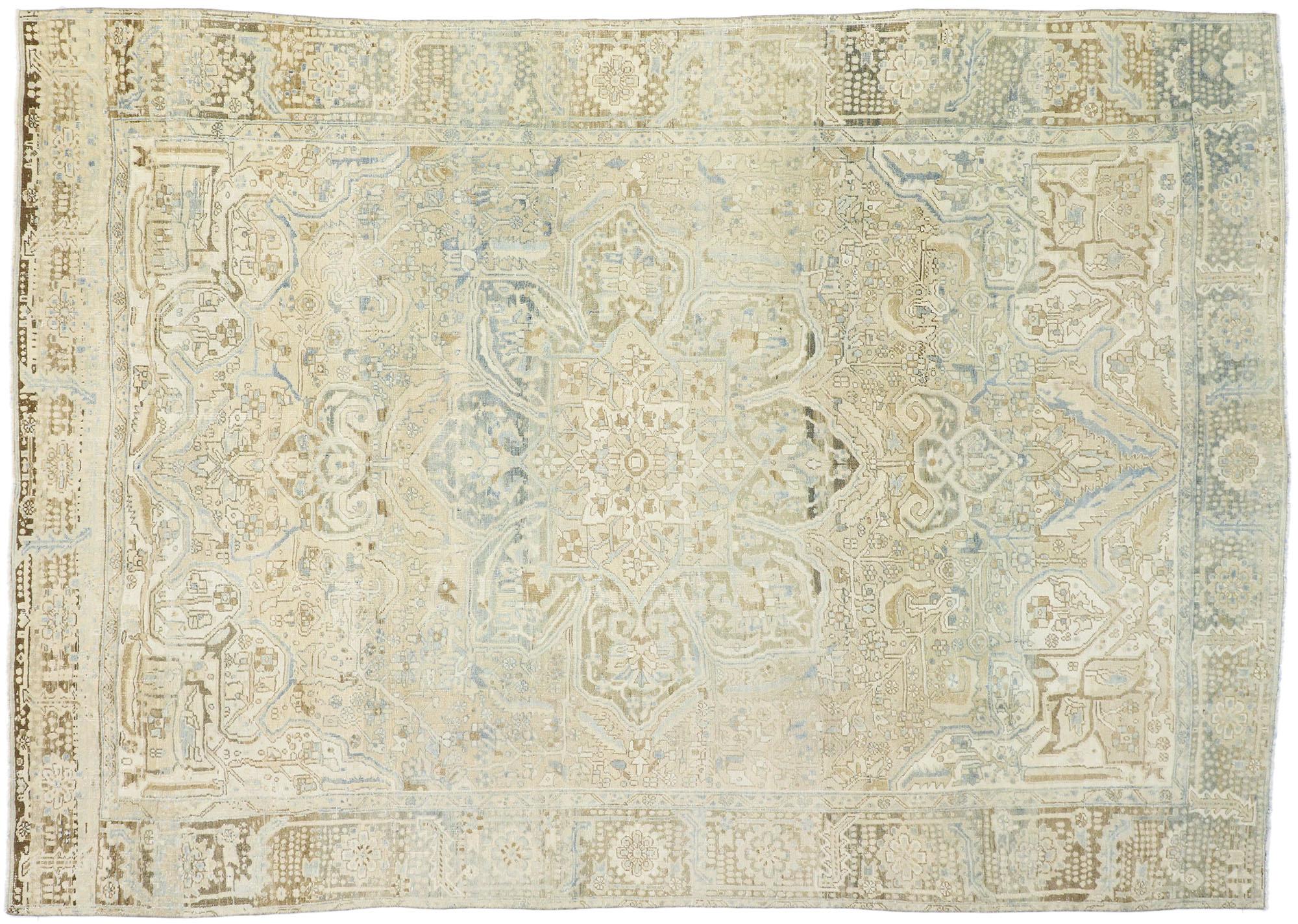 Wool Distressed Vintage Persian Heriz Design Rug with Rustic English Manor Style For Sale