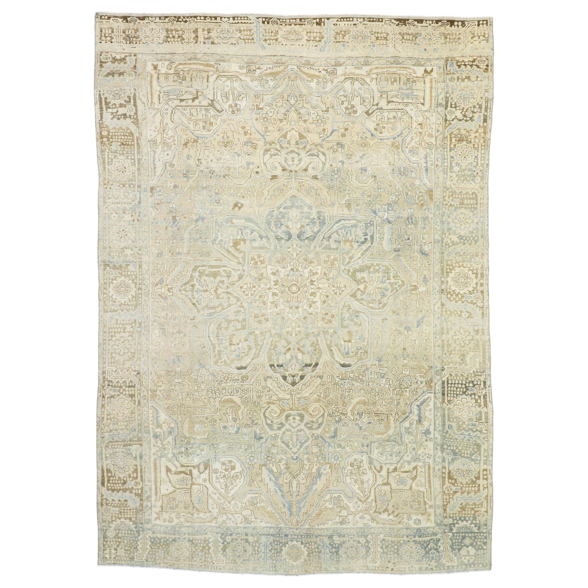 Distressed Vintage Persian Heriz Design Rug with Rustic English Manor Style
