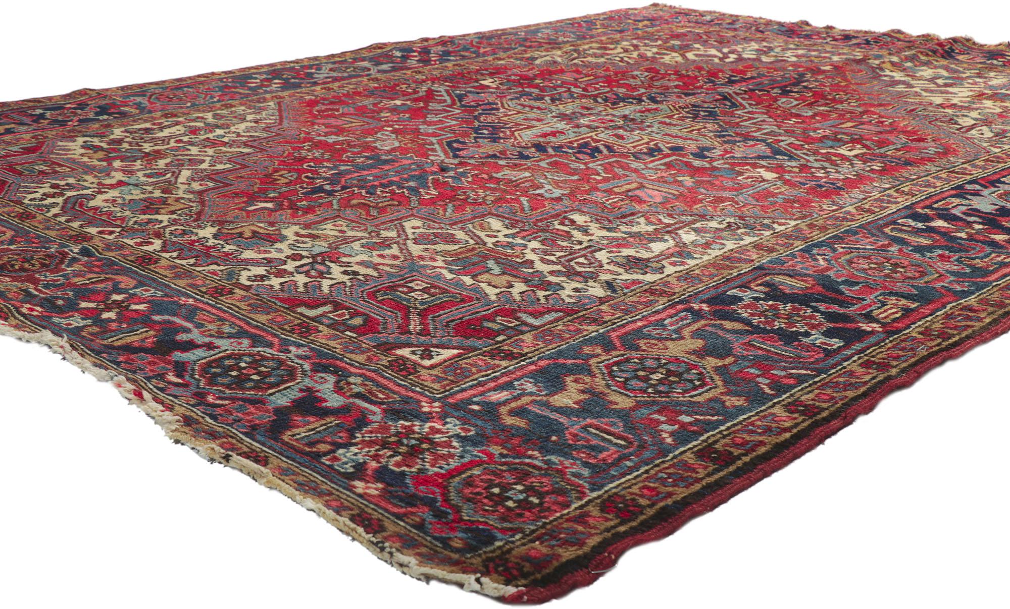 78180 Distressed Vintage Persian Heriz rug, 06'09 x 08'10. With timeless appeal, refined colors, and architectural design elements, this hand knotted wool distressed vintage Persian Heriz rug can beautifully blend modern, contemporary, and