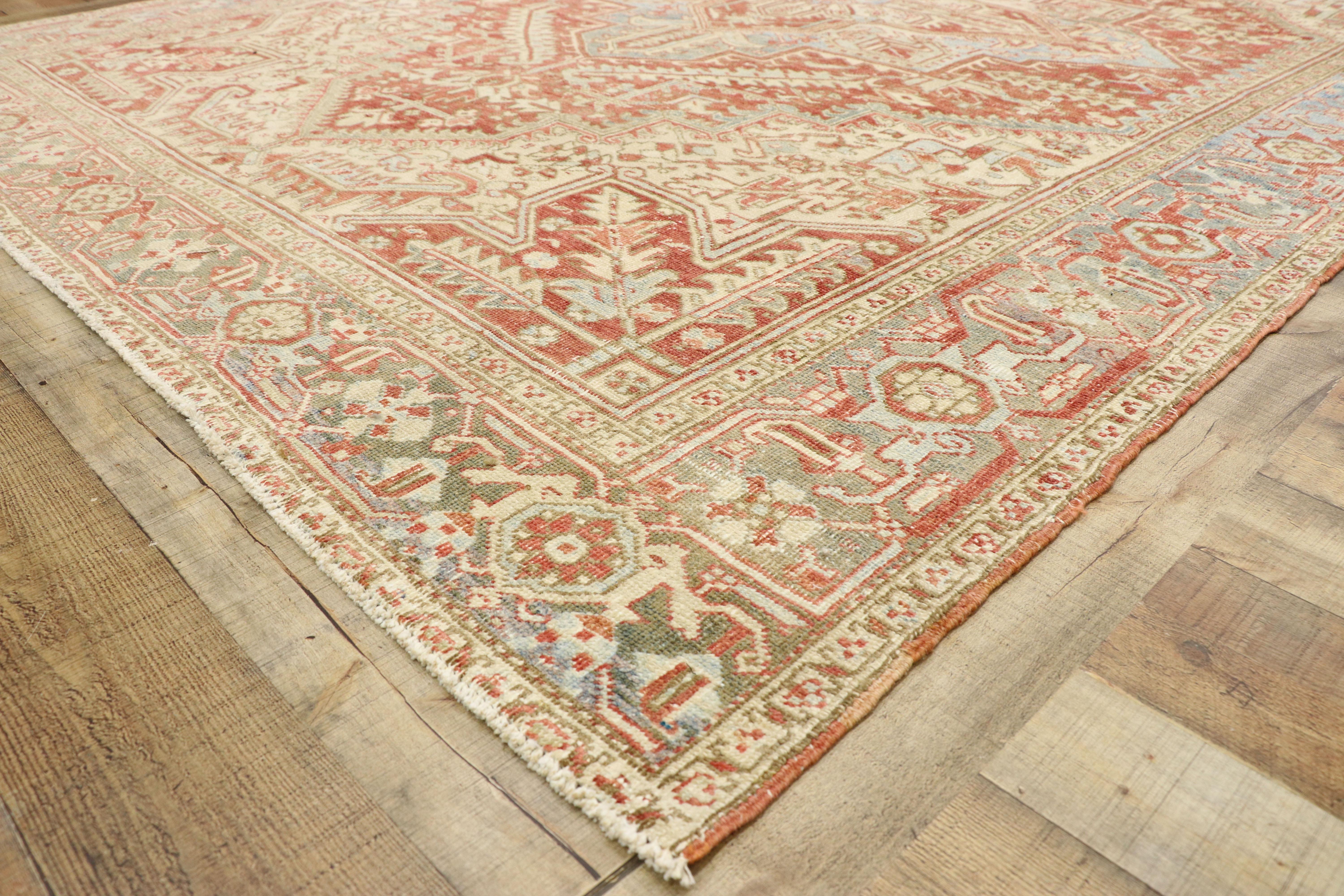 Distressed Vintage Persian Heriz Rug with Rustic Bungalow Style In Distressed Condition In Dallas, TX