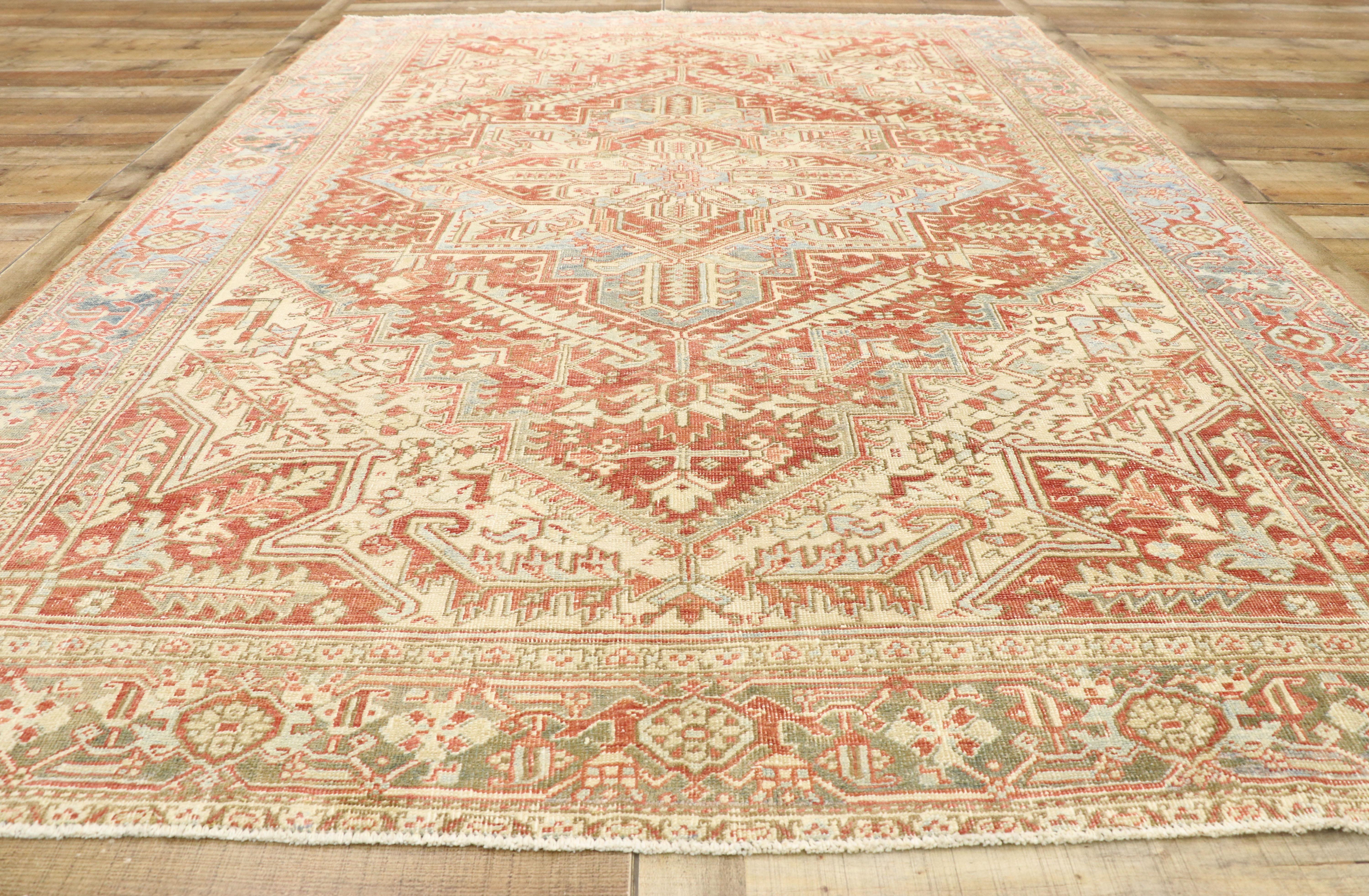 20th Century Distressed Vintage Persian Heriz Rug with Rustic Bungalow Style