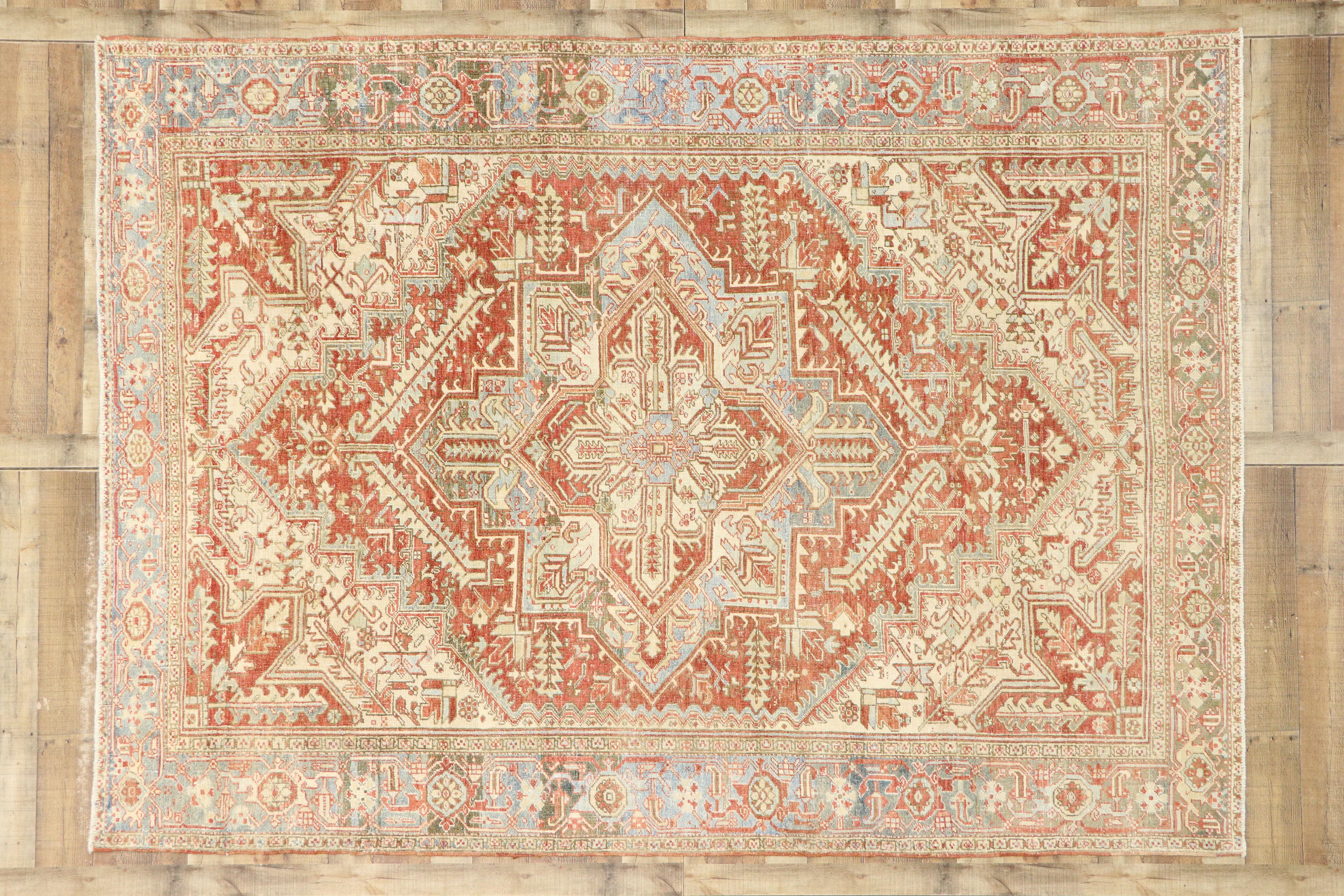 Wool Distressed Vintage Persian Heriz Rug with Rustic Bungalow Style