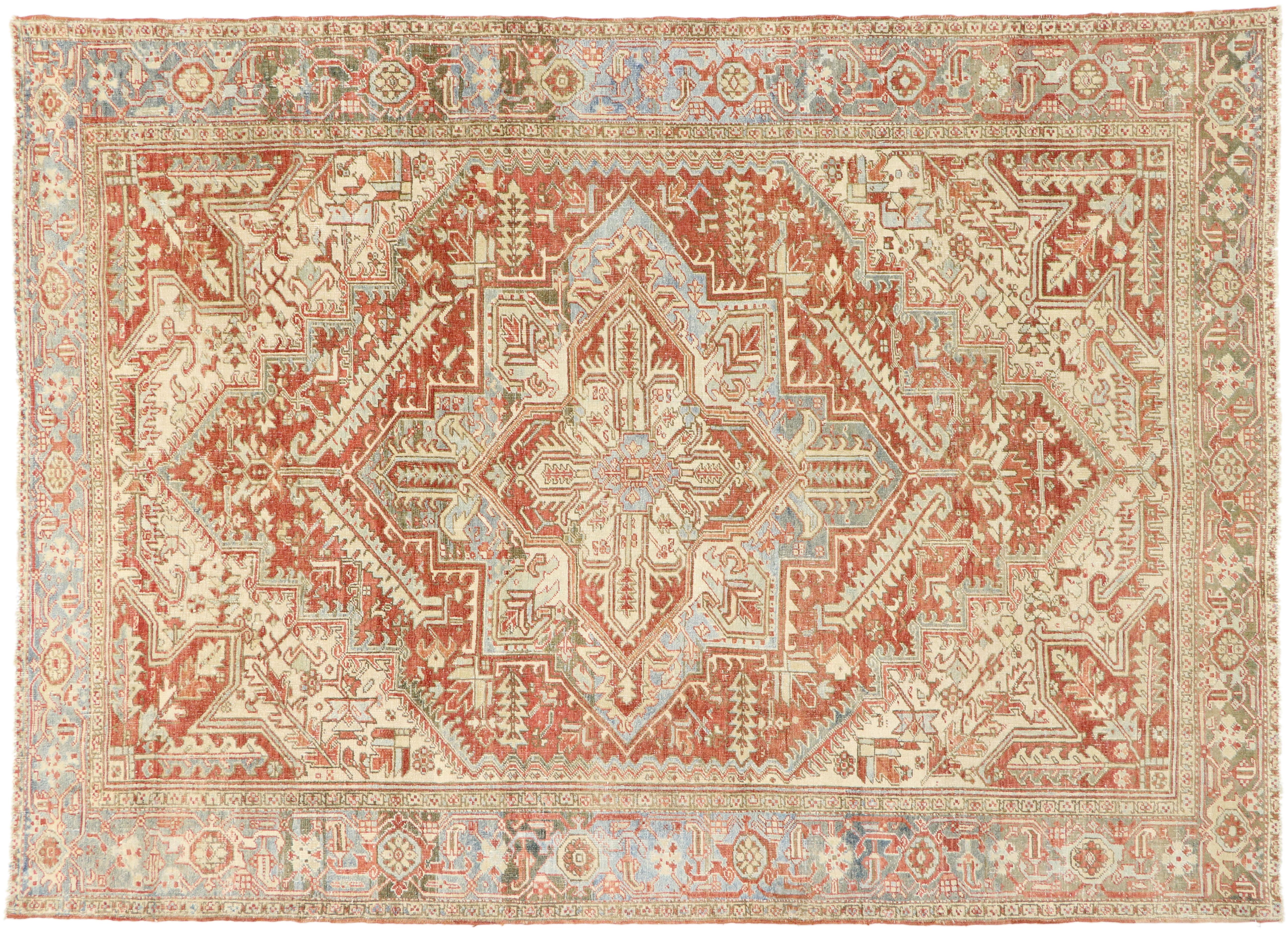 Distressed Vintage Persian Heriz Rug with Rustic Bungalow Style 1