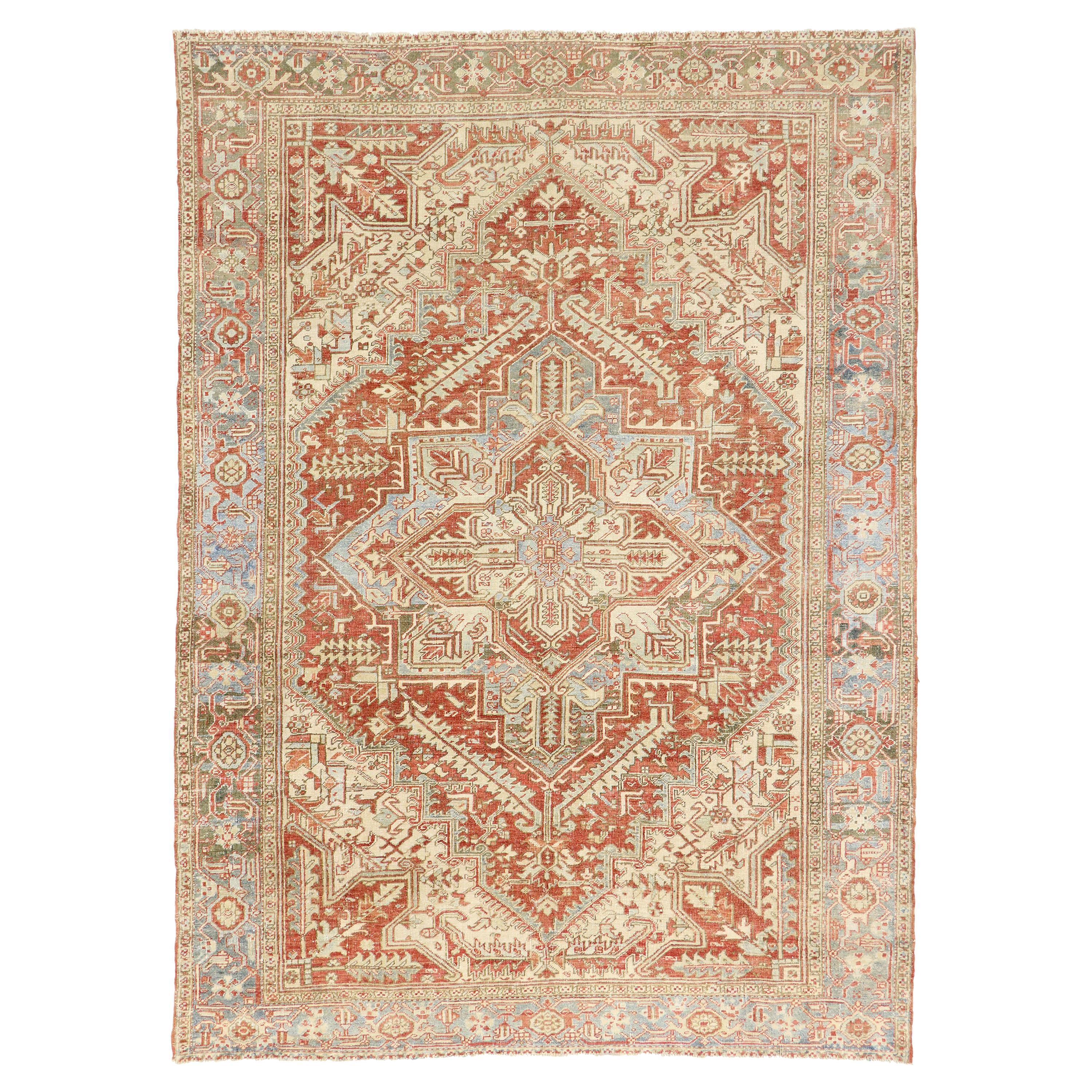 Distressed Vintage Persian Heriz Rug with Rustic Bungalow Style