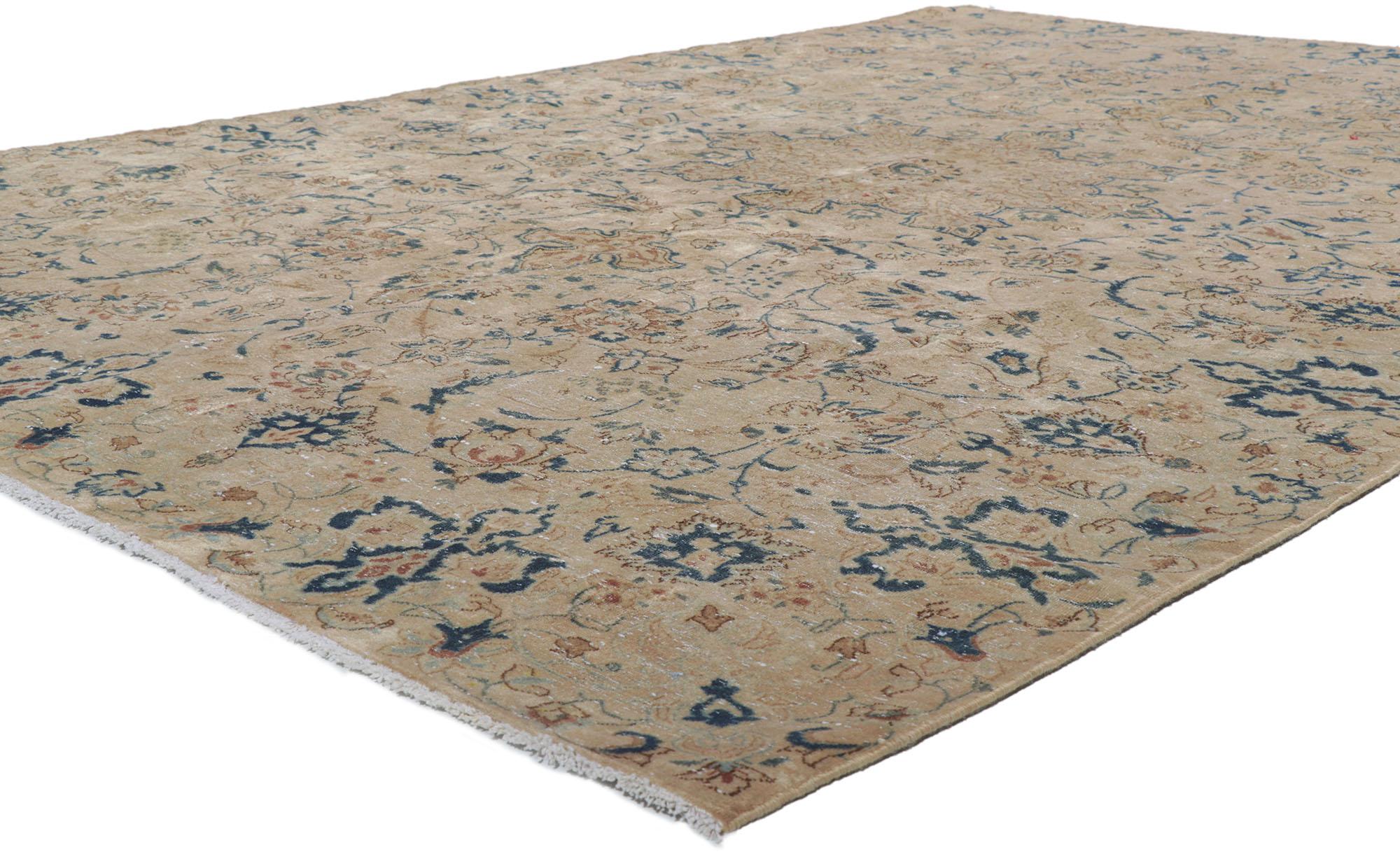 60996 Distressed Vintage Persian Isfahan Rug 06'10 x 09'10.

Rendered in variegated shades of tan, sand, ecru, cerulean, Aegean, camel, teal green, verdigris, latte, and brown with other accent colors.
Abrash. Distressed. Antique Wash. Desirable