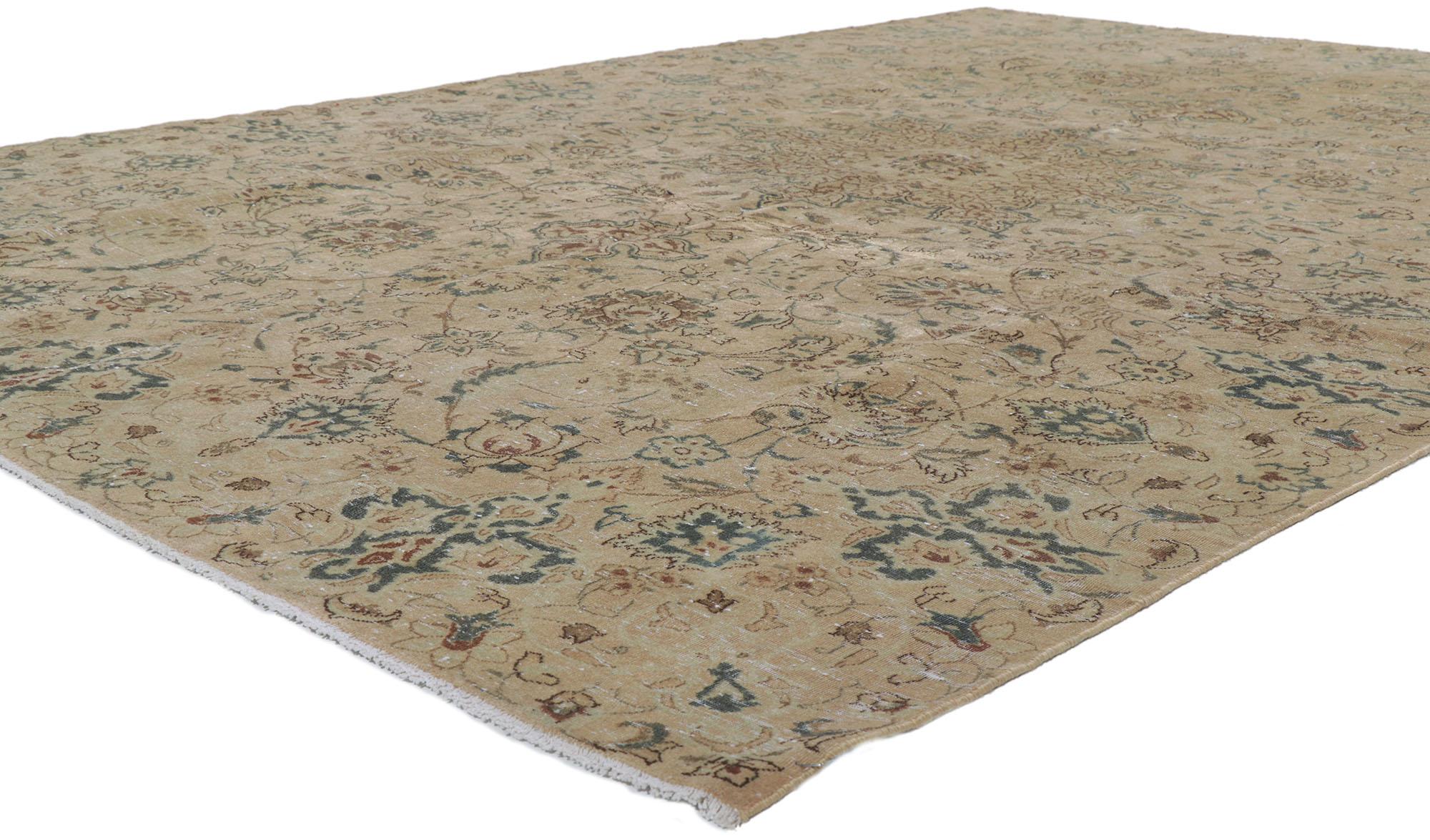 60994 Distressed Vintage Persian Isfahan rug 06'10 x 09'09.
Rendered in variegated shades of tan, sand, ecru, cerulean, Aegean, camel, teal green, verdigris, latte, and brown with other accent colors.
Abrash. Distressed. Antique Wash. Desirable