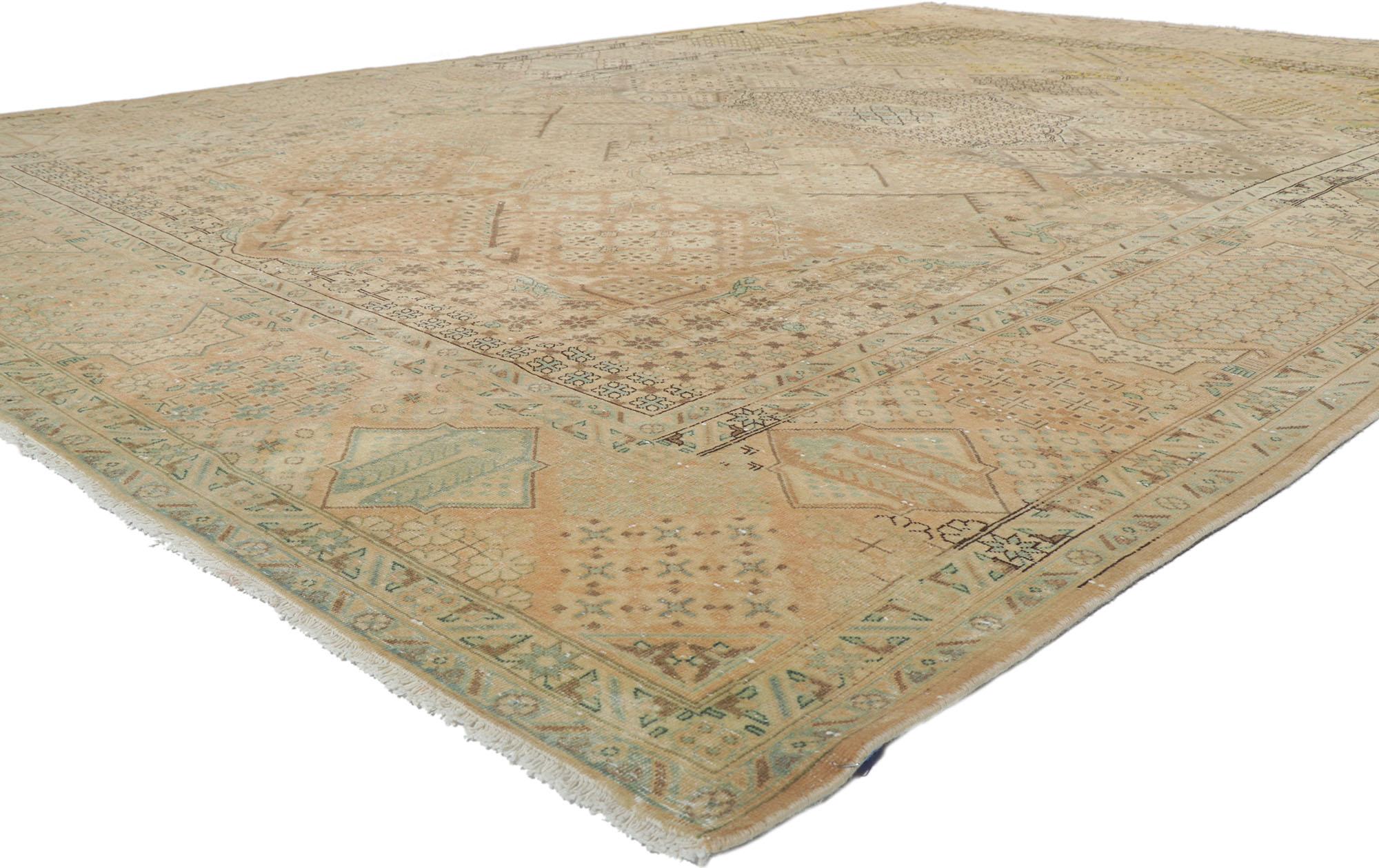61001 Vintage Persian Joshegan Rug, 09'09 x 14'00. 
Traditional sensibility meets effortlessly chic in this vintage Persian Joshegan rug. The incrustation pattern and soft colors woven into this piece work together creating a beautiful juxtaposition