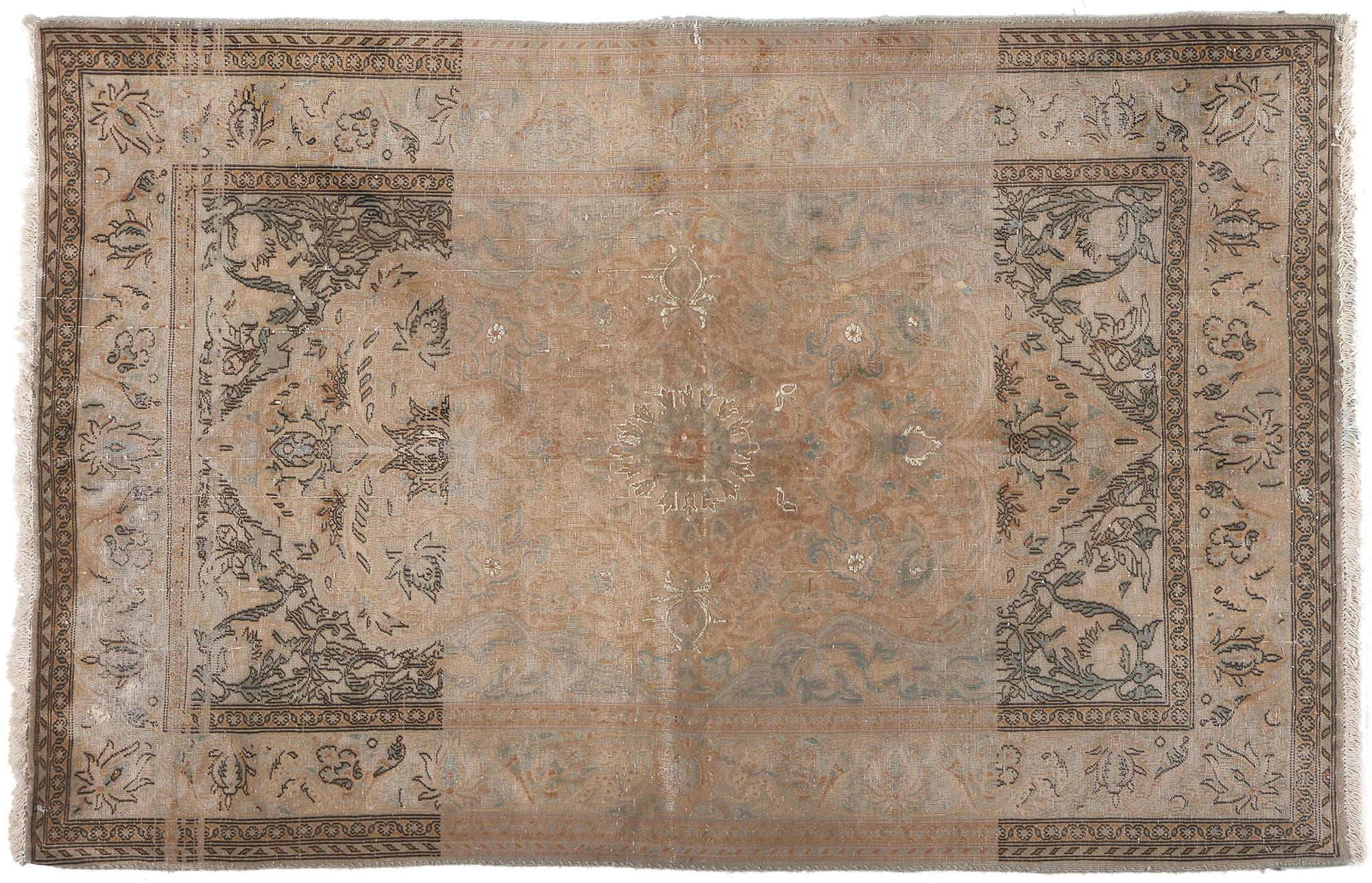 Distressed Vintage Persian Kashan Rug, Earth-Tone Elegance Meets Modern Luxe For Sale 4