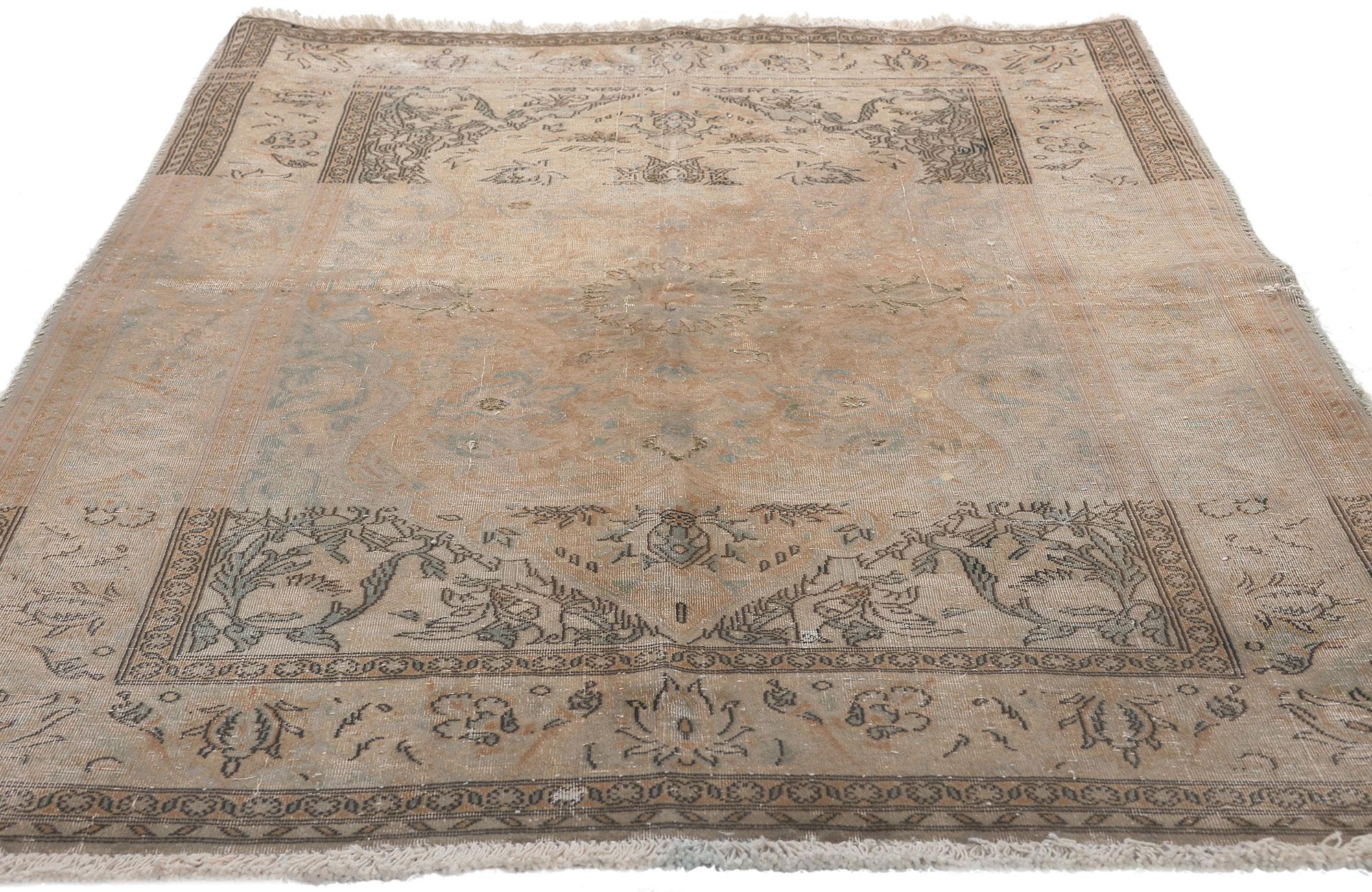 Hand-Knotted Distressed Vintage Persian Kashan Rug, Earth-Tone Elegance Meets Modern Luxe For Sale