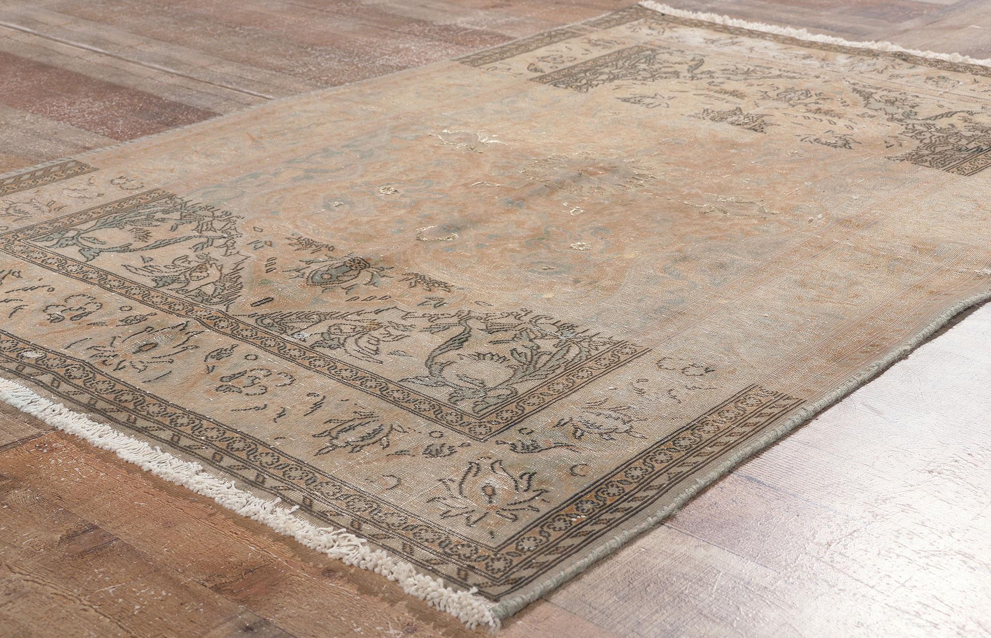 Distressed Vintage Persian Kashan Rug, Earth-Tone Elegance Meets Modern Luxe For Sale 1