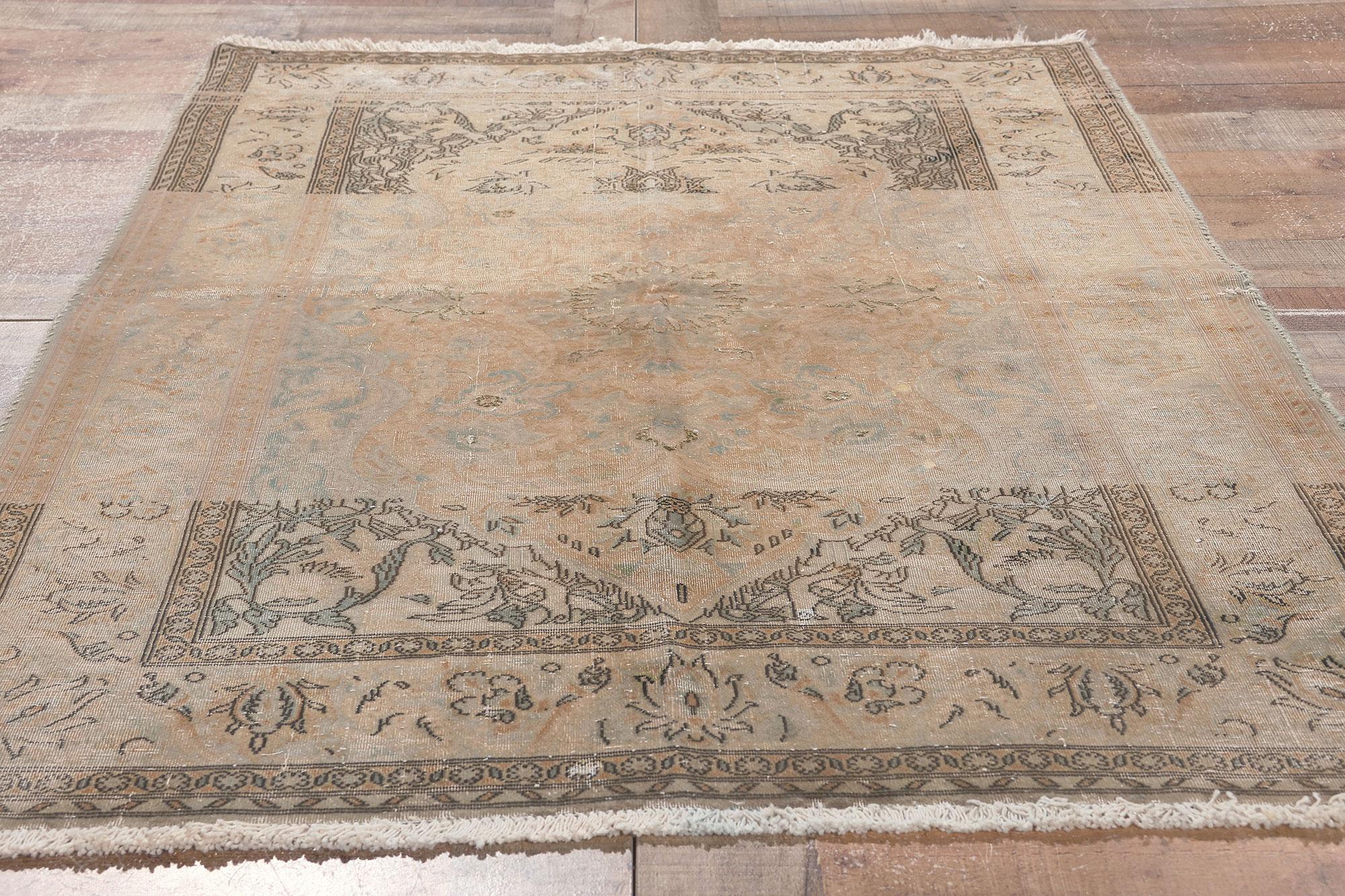 Distressed Vintage Persian Kashan Rug, Earth-Tone Elegance Meets Modern Luxe For Sale 2