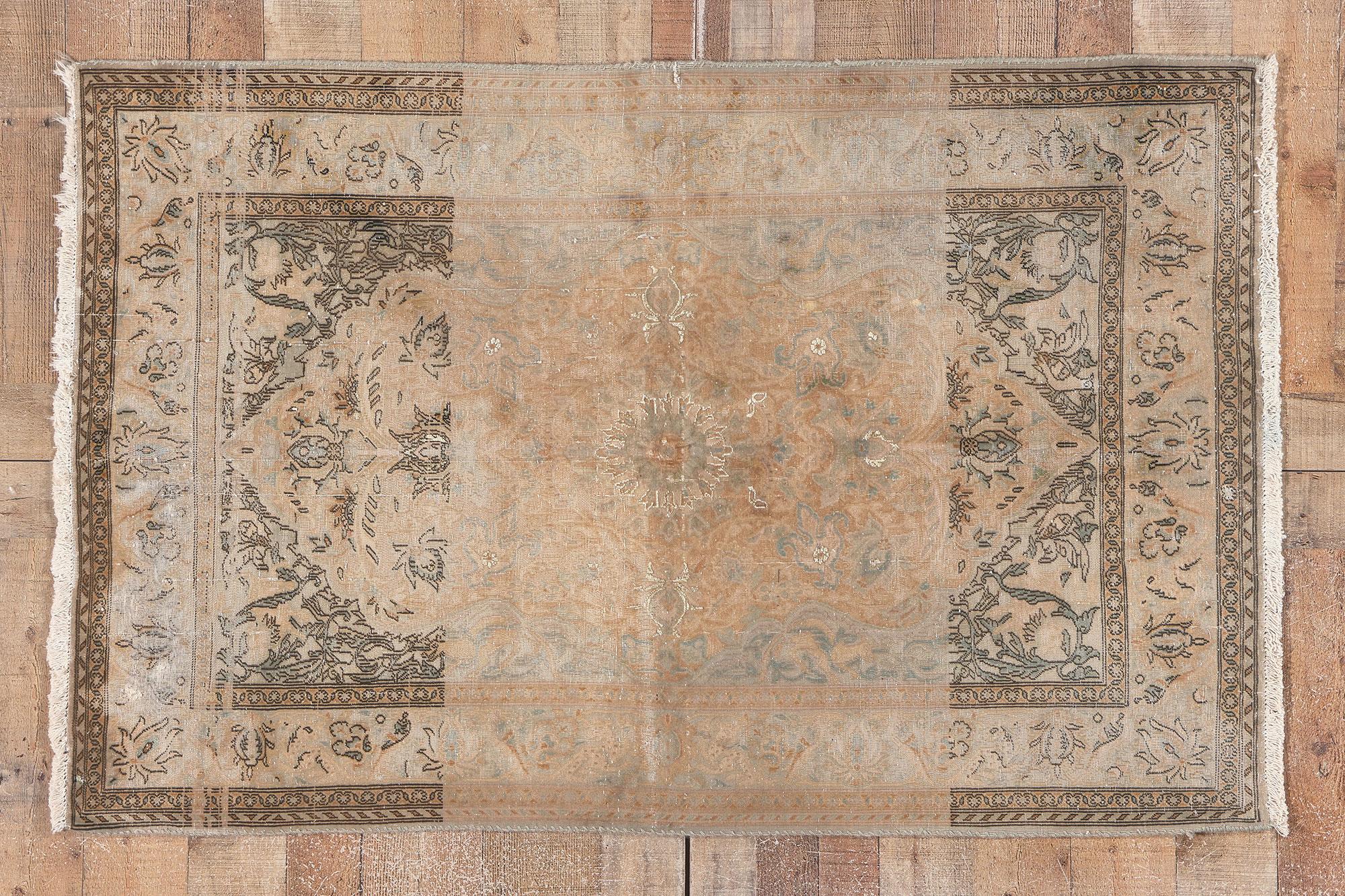 Distressed Vintage Persian Kashan Rug, Earth-Tone Elegance Meets Modern Luxe For Sale 3