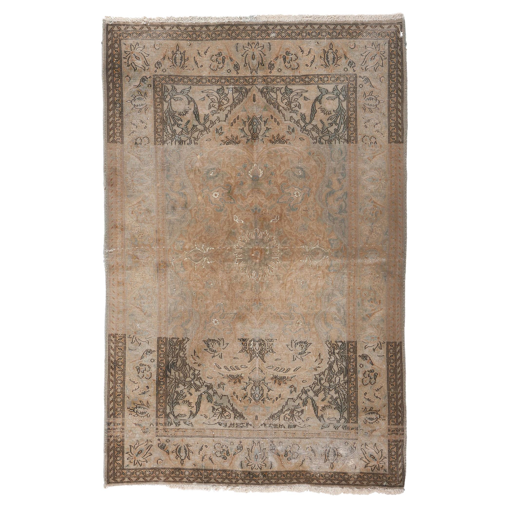 Distressed Vintage Persian Kashan Rug, Earth-Tone Elegance Meets Modern Luxe For Sale