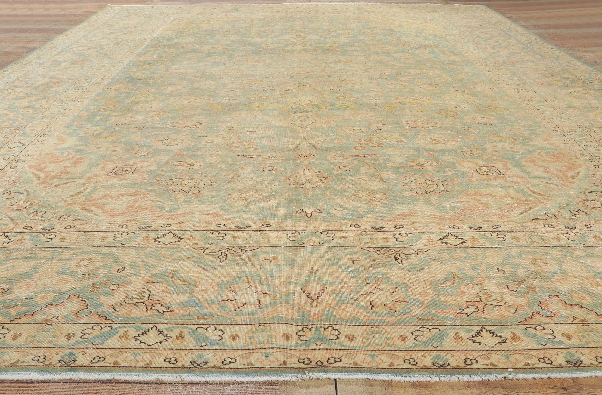 Distressed Vintage Persian Kashan Rug with Faded Soft Earth-Tone Colors For Sale 1