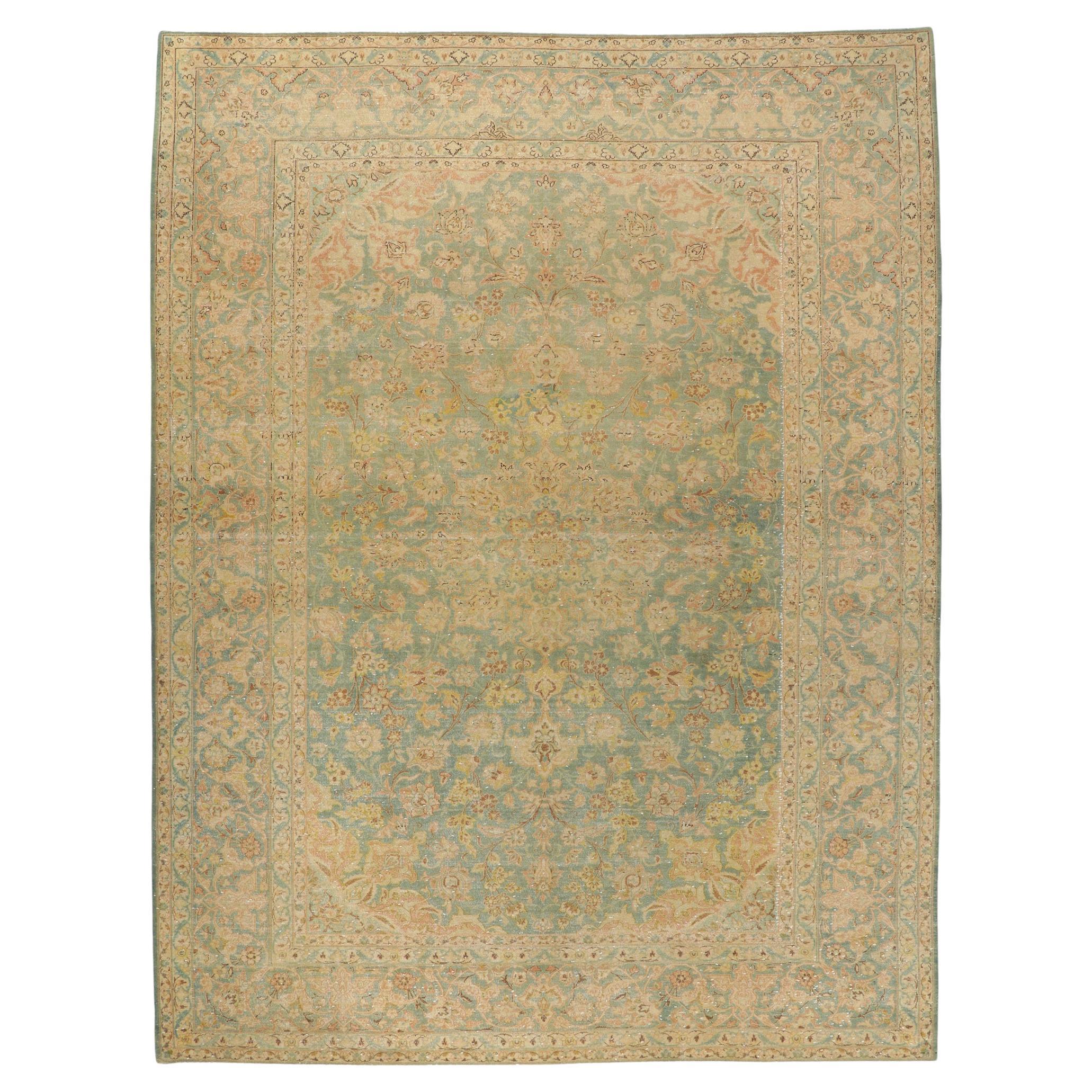 Distressed Vintage Persian Kashan Rug with Faded Soft Earth-Tone Colors