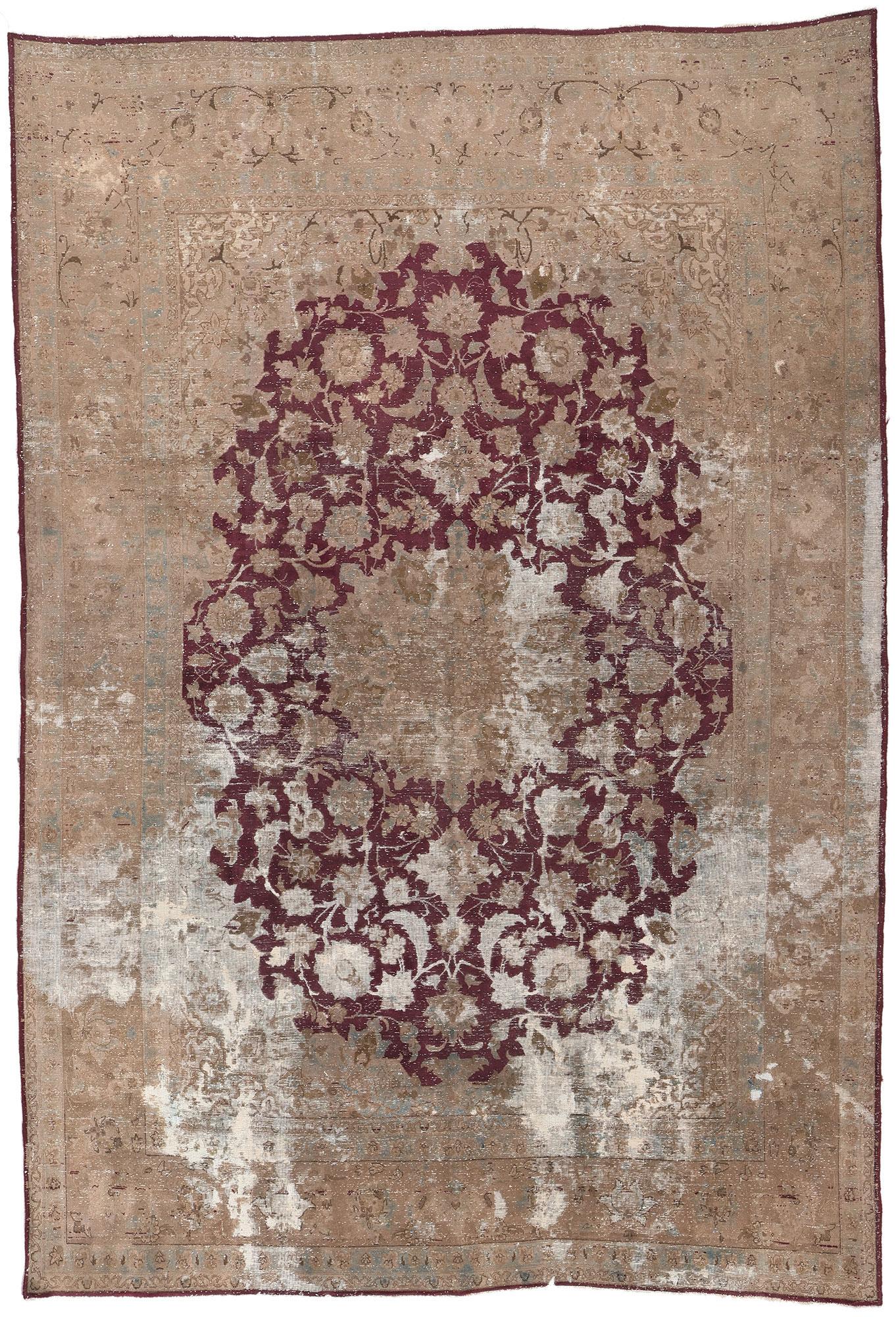 Distressed Vintage Persian Kashan Rug, Rugged Beauty Meets Weathered Charm For Sale 3