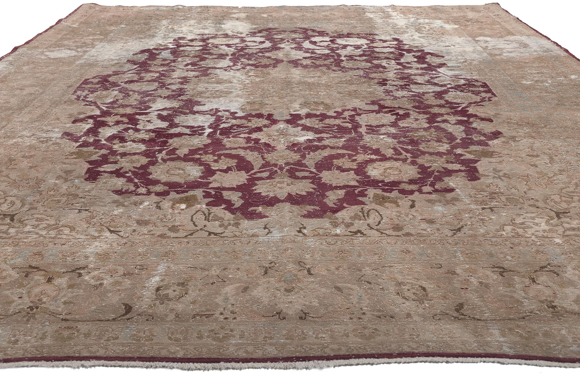 Rustic Distressed Vintage Persian Kashan Rug, Rugged Beauty Meets Weathered Charm For Sale