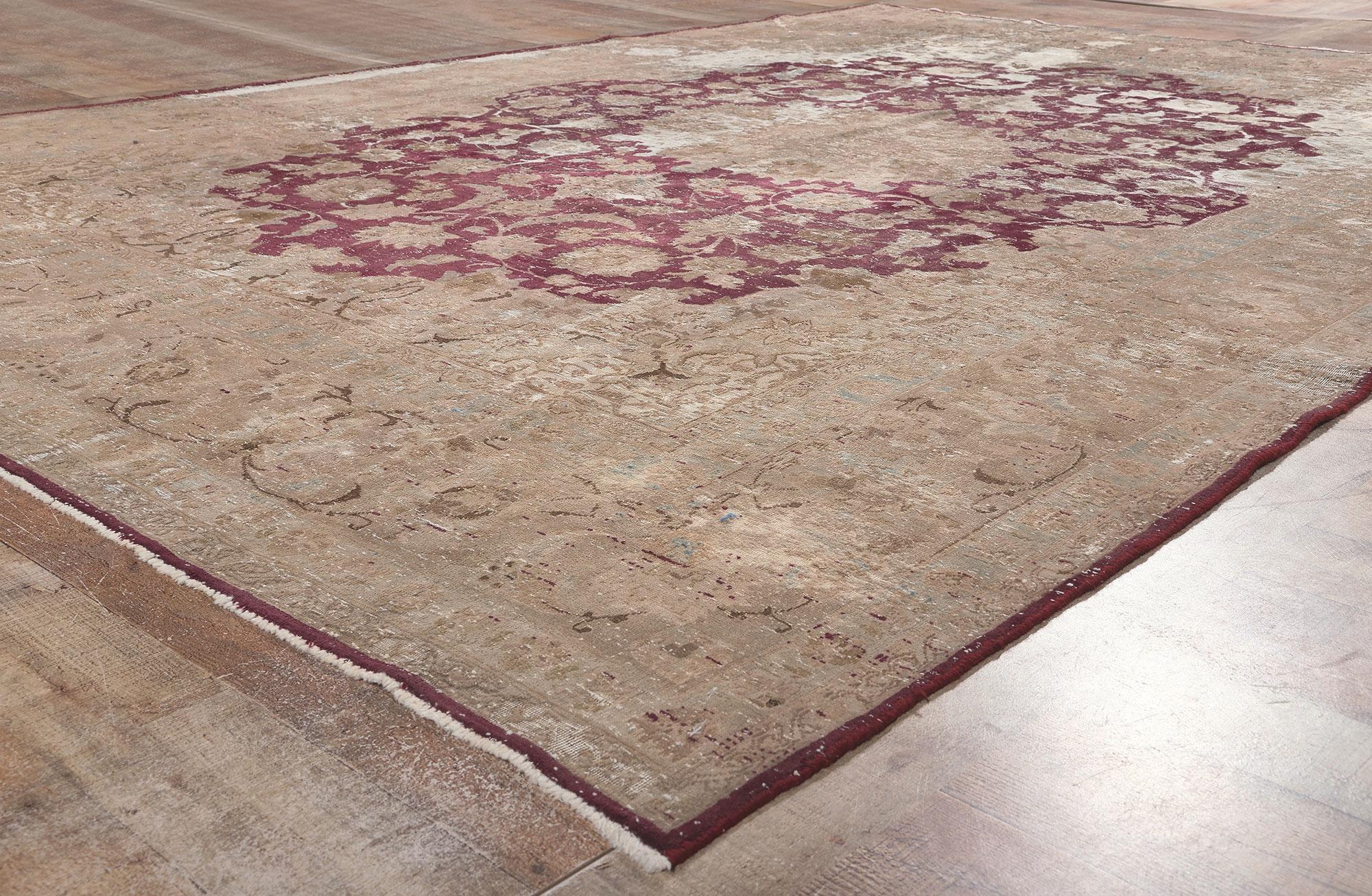Wool Distressed Vintage Persian Kashan Rug, Rugged Beauty Meets Weathered Charm For Sale