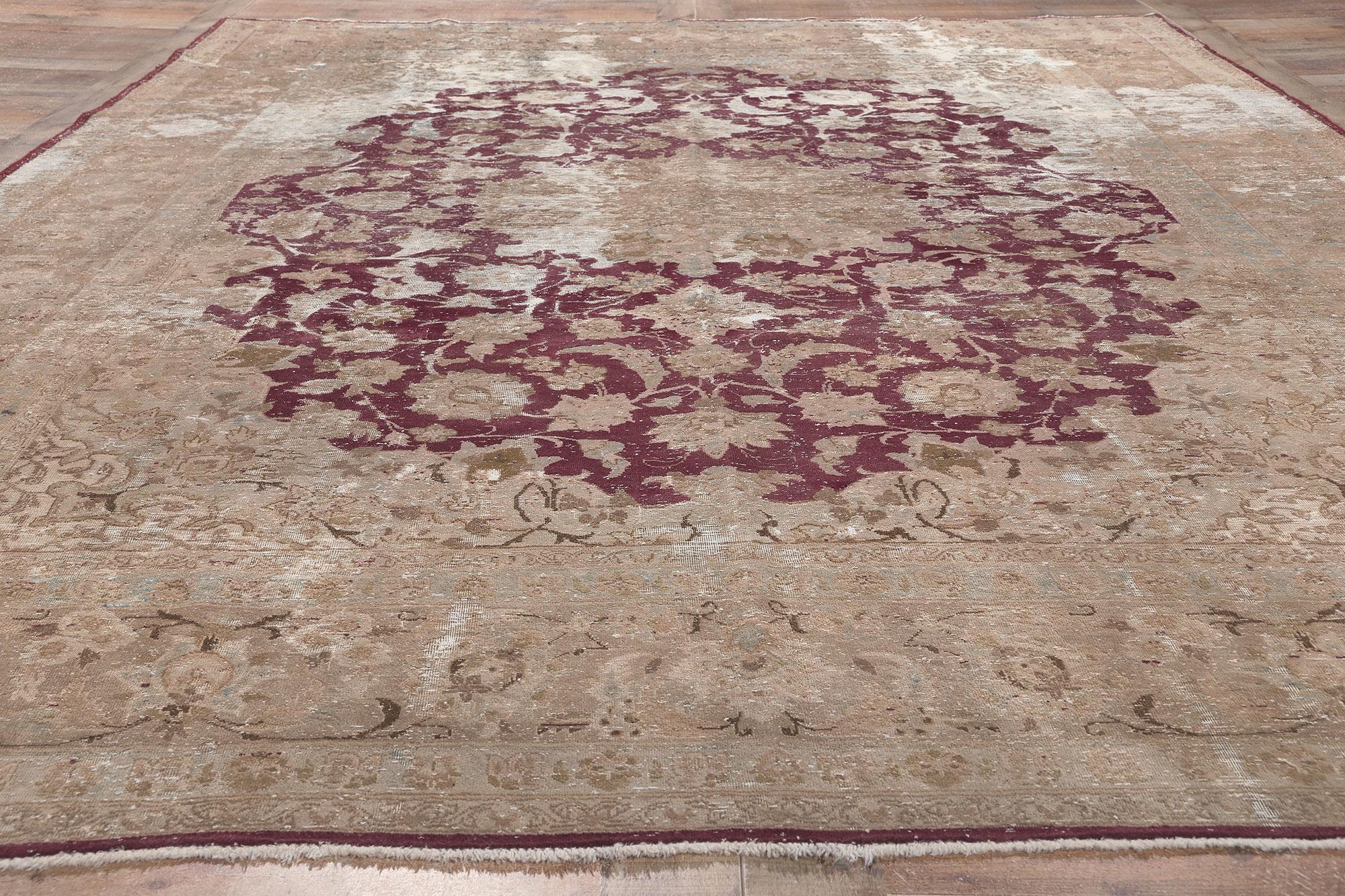 Distressed Vintage Persian Kashan Rug, Rugged Beauty Meets Weathered Charm For Sale 1