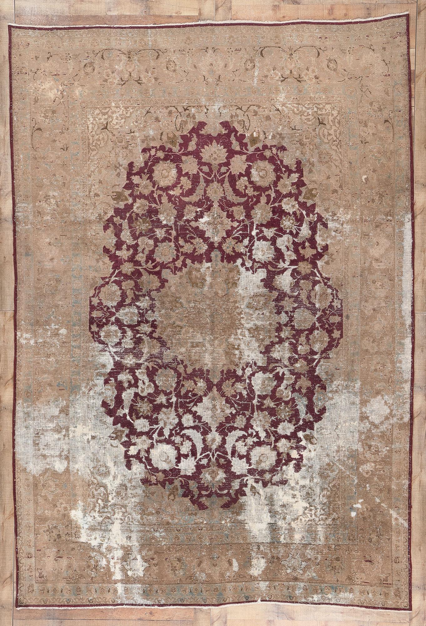 Distressed Vintage Persian Kashan Rug, Rugged Beauty Meets Weathered Charm For Sale 2