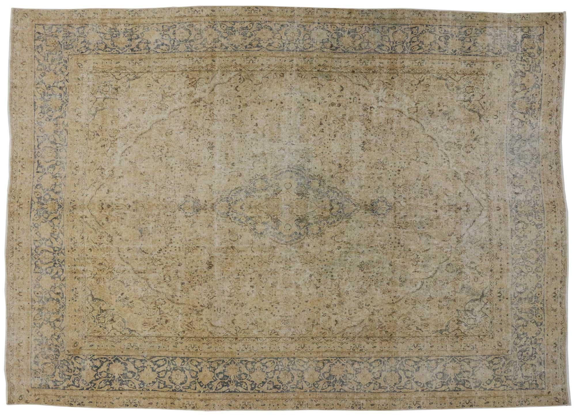 Kirman Distressed Vintage Persian Kerman Area Rug with English Country Cottage Style