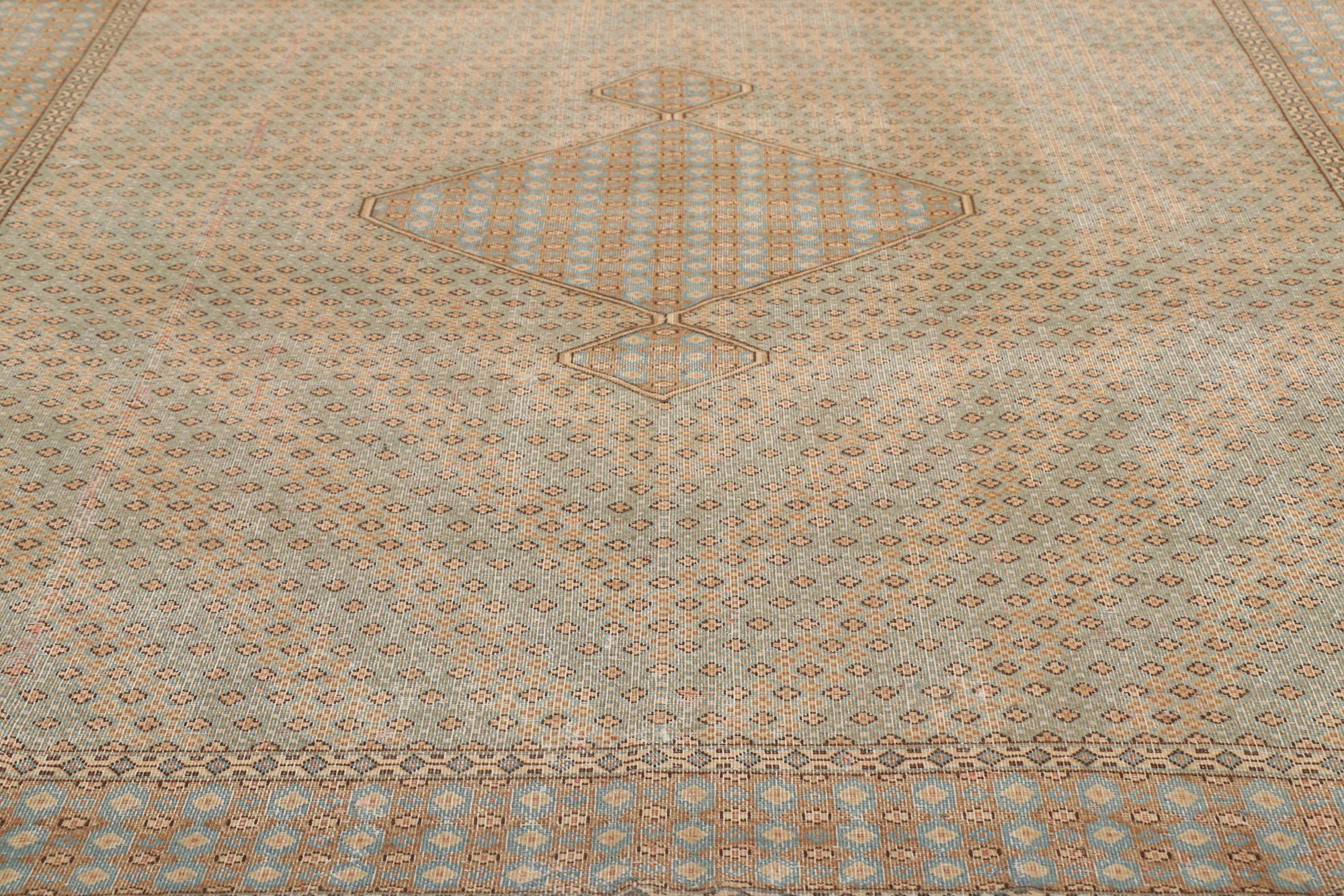 Hand-Knotted Vintage-Worn Persian Kerman Rug, Laid-Back Luxury Meets Relaxed Coastal Style For Sale