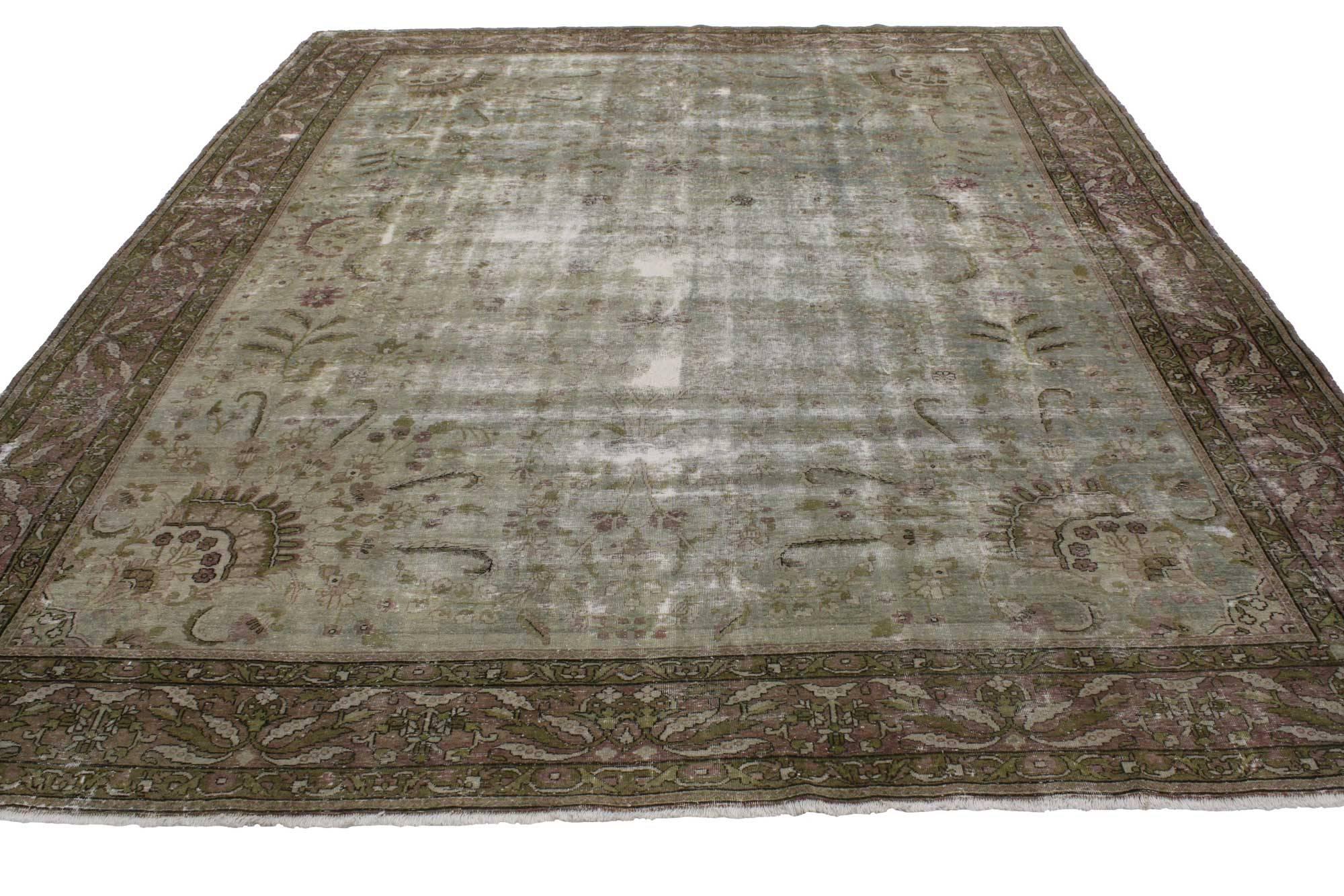 74973 Distressed Vintage Persian Kerman Rug with Rustic Gustavian Style. With soft and subtle hues combined with lovingly timeworn rusticity, this hand knotted wool distressed vintage Persian Kerman rug beautifully embodies Gustavian style with