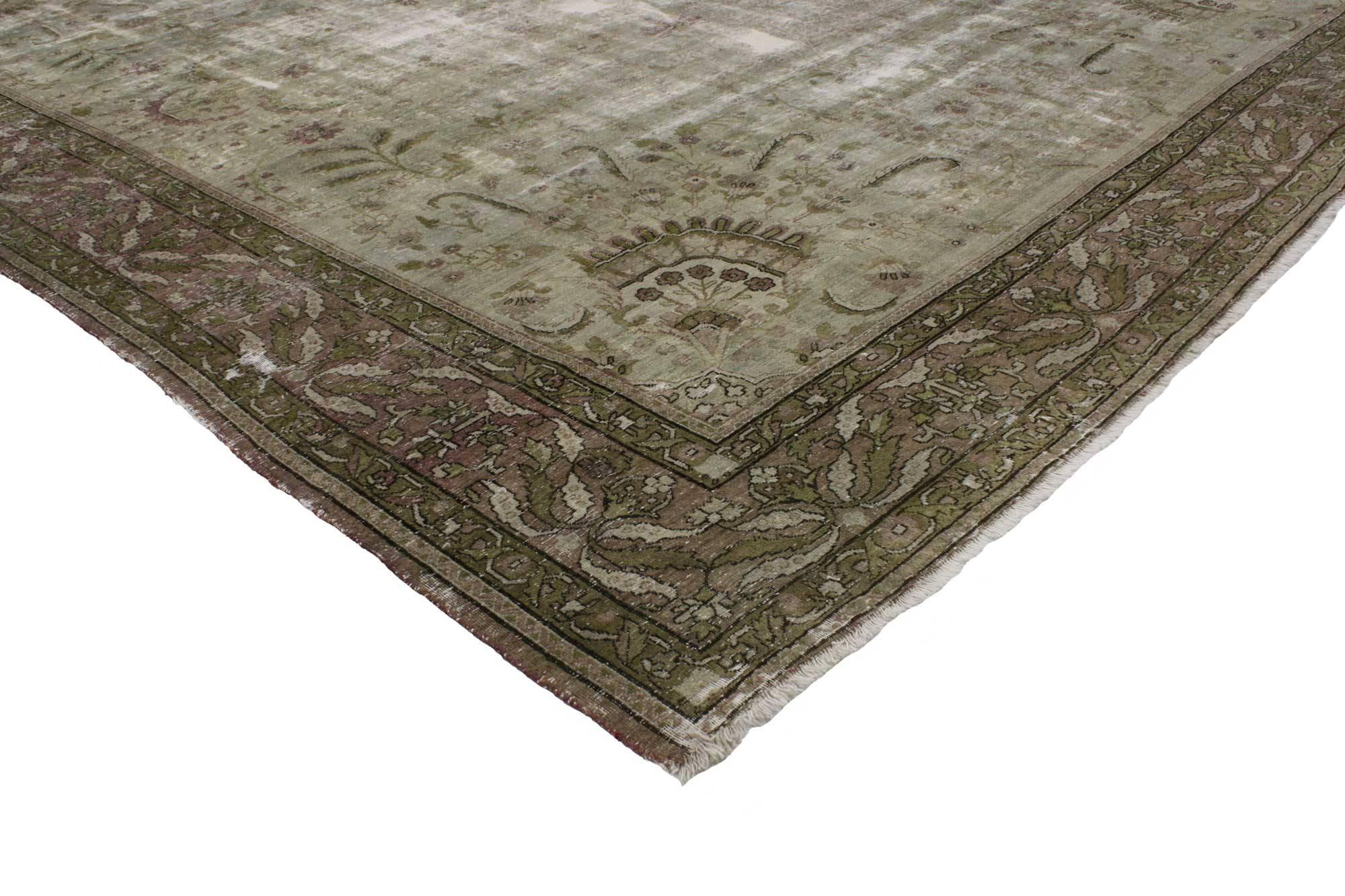 Hand-Knotted Distressed Vintage Persian Kerman Rug with Rustic Gustavian Style