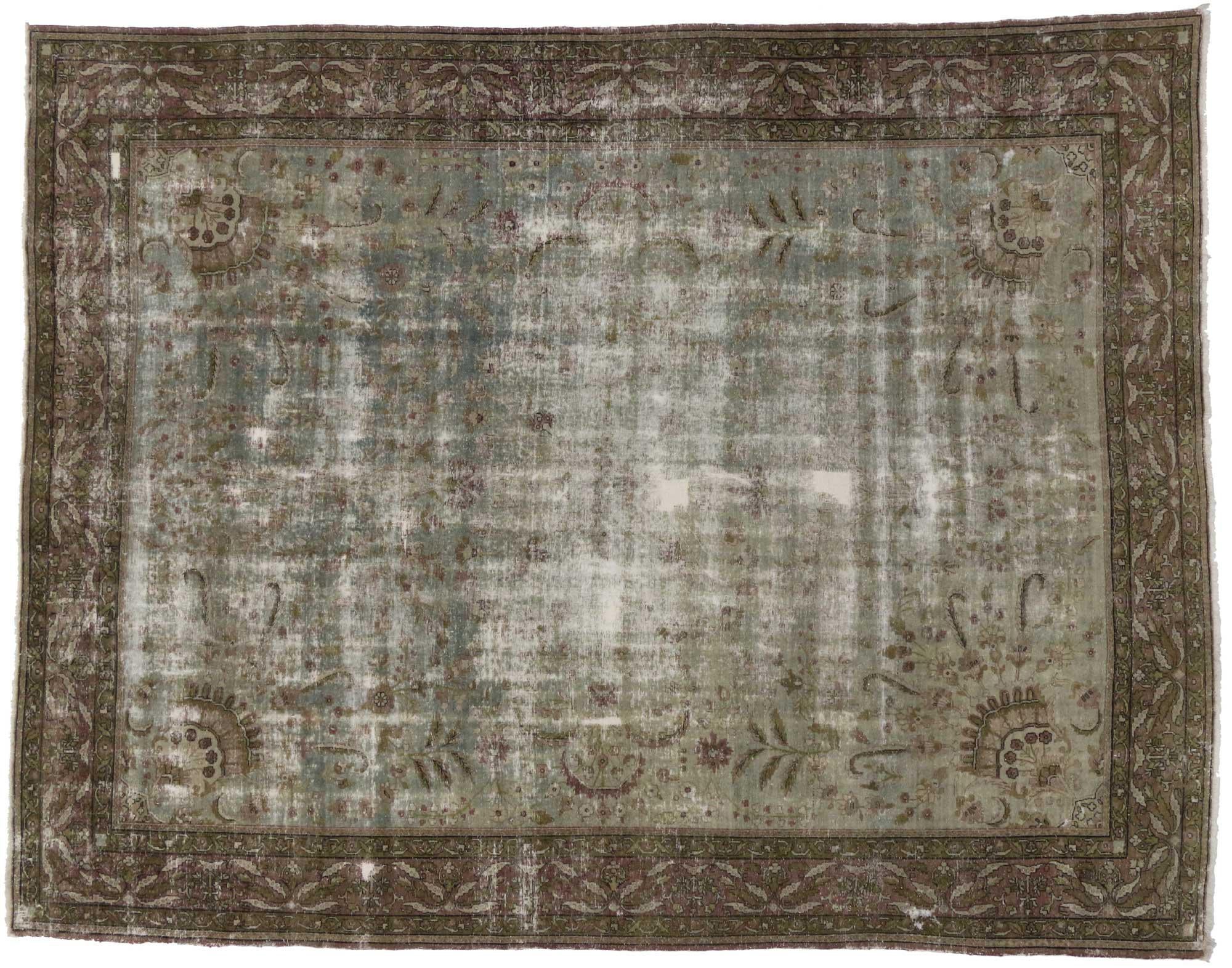 Distressed Vintage Persian Kerman Rug with Rustic Gustavian Style In Distressed Condition In Dallas, TX