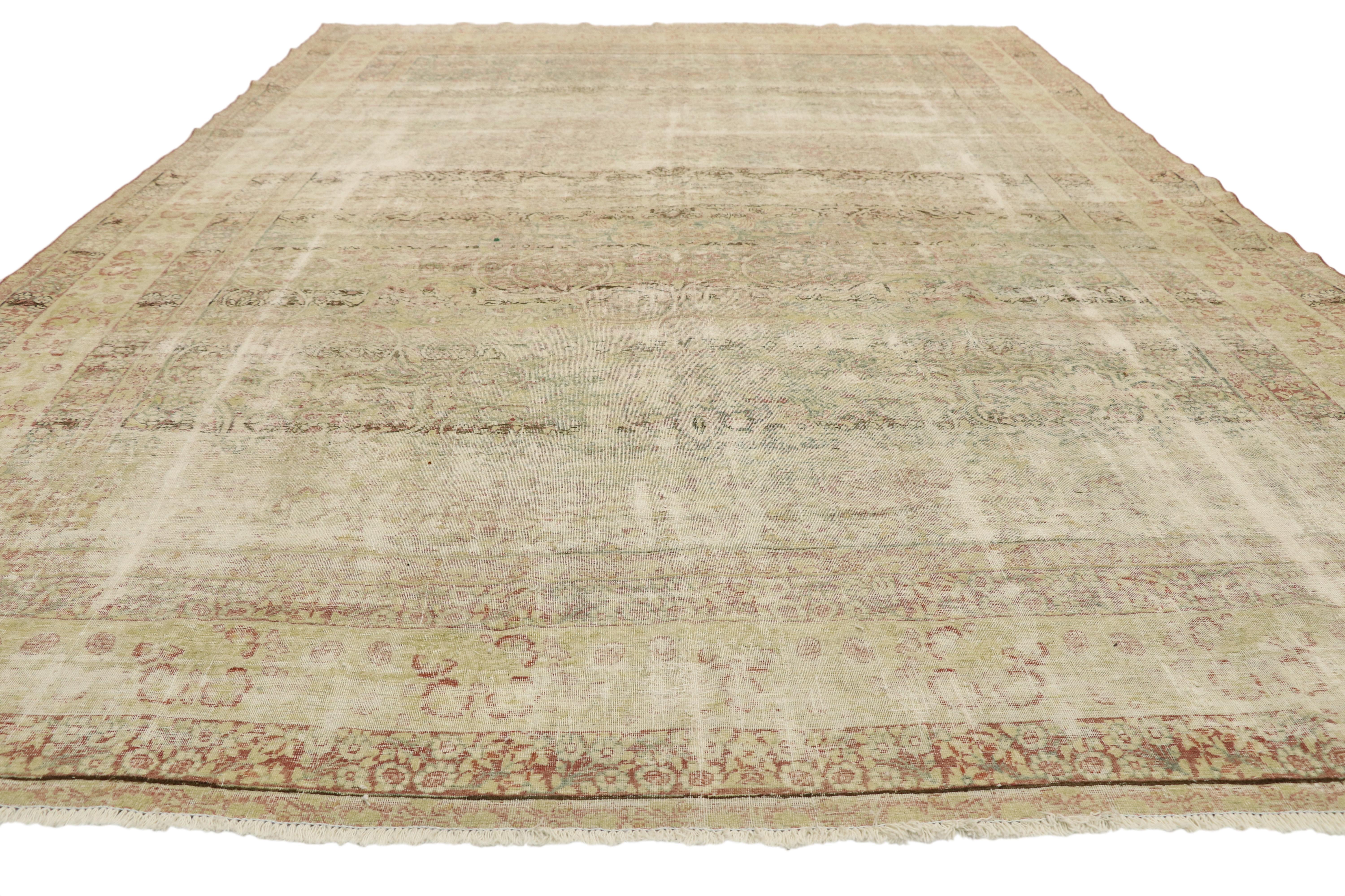 Kirman Distressed Vintage Persian Kerman Rug with Rustic Cotswold Country English Style For Sale