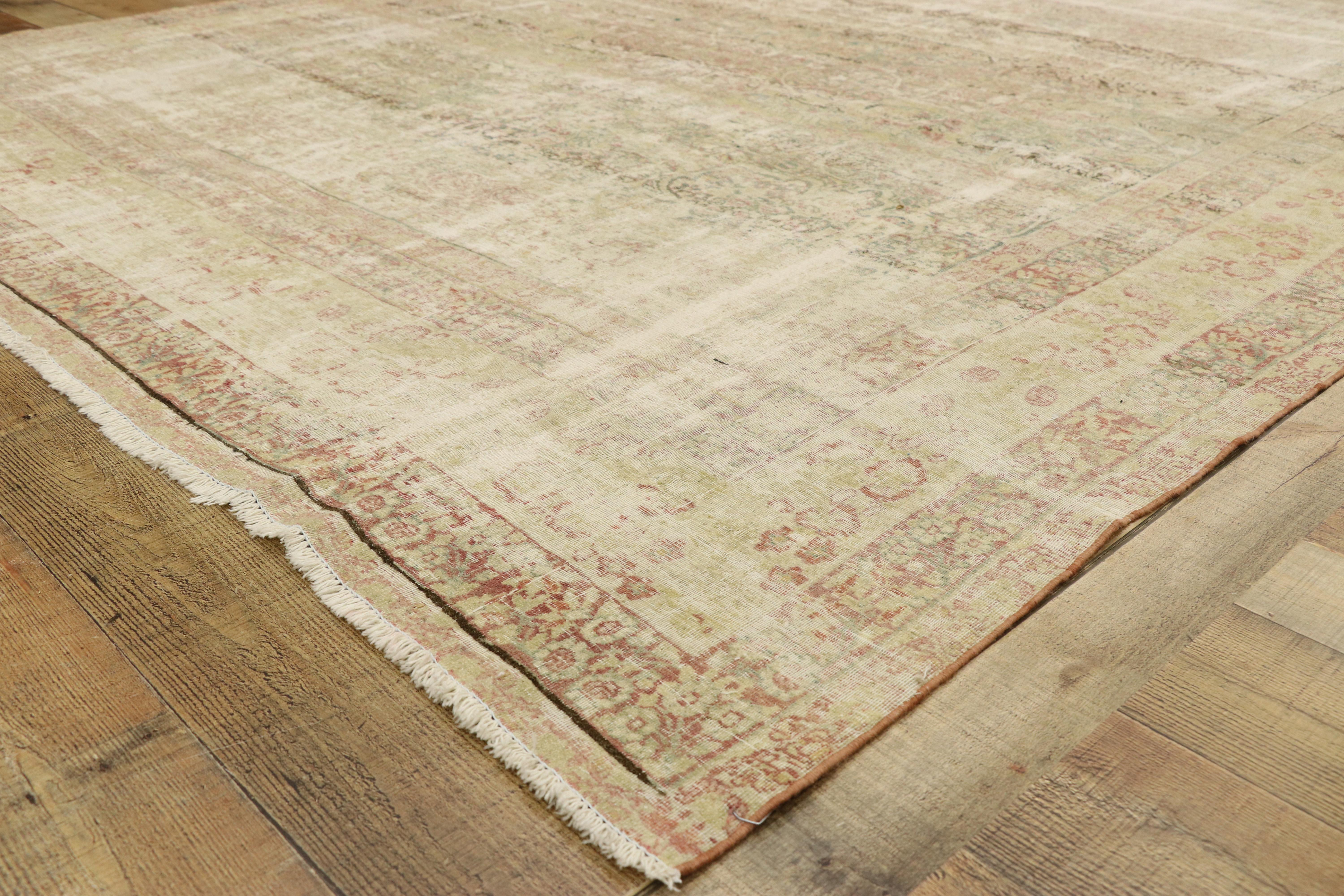 20th Century Distressed Vintage Persian Kerman Rug with Rustic Cotswold Country English Style For Sale