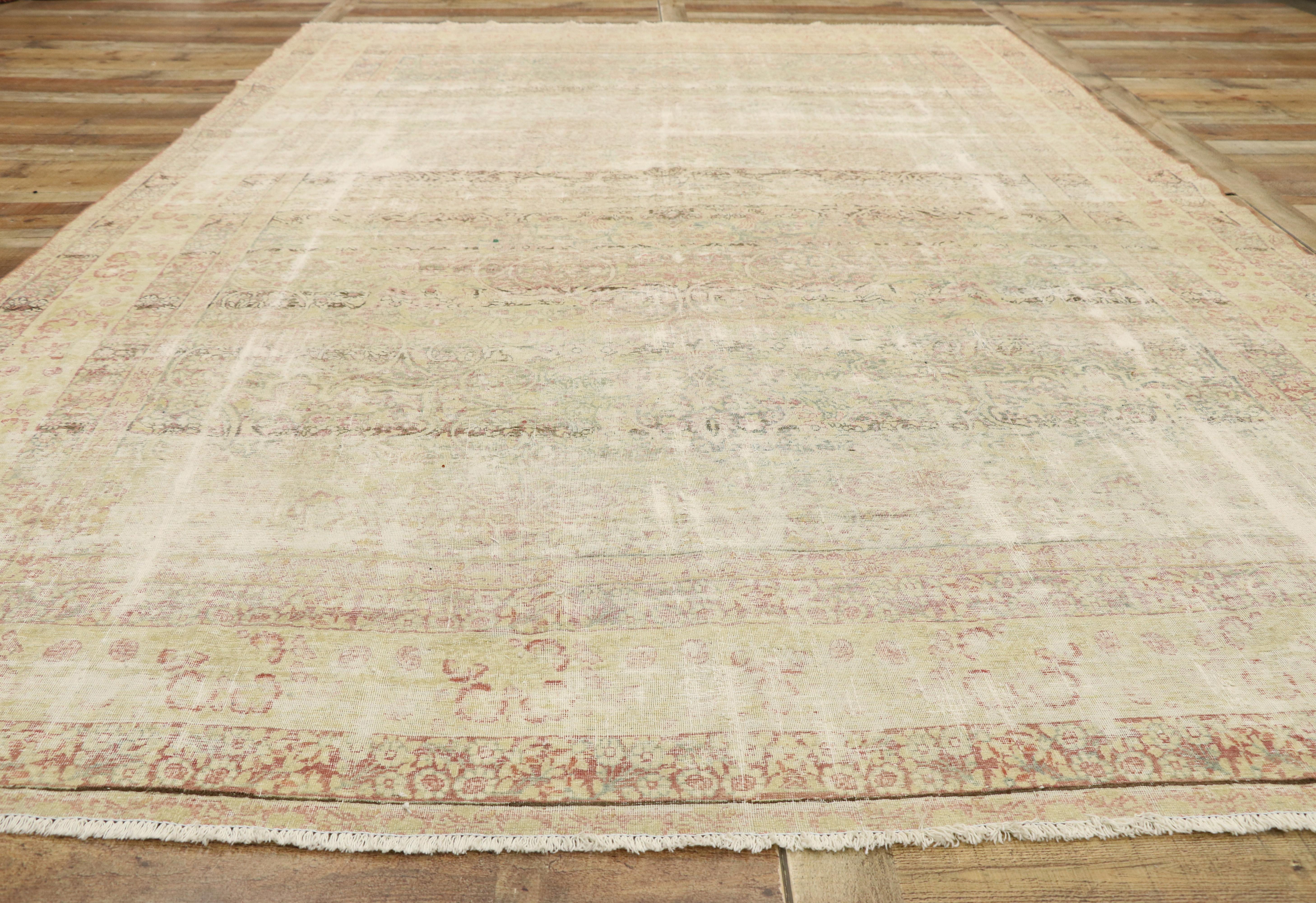 Wool Distressed Vintage Persian Kerman Rug with Rustic Cotswold Country English Style For Sale
