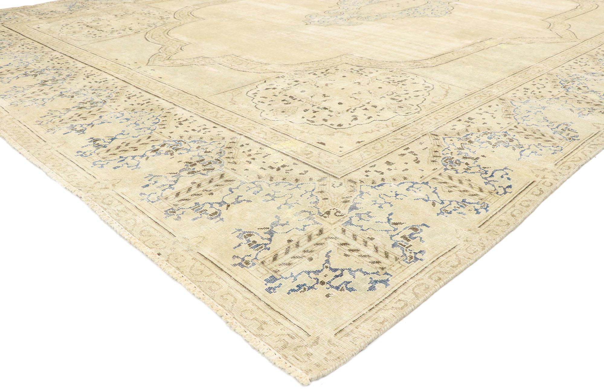 80303 distressed vintage Persian Kerman rug with Swedish Gustavian cottage style. Take a timeless, tailored design, mix in a dash of romantic connotations and antique-washed colors to get this fresh look that’s as comfortable as it is chic. Soft,