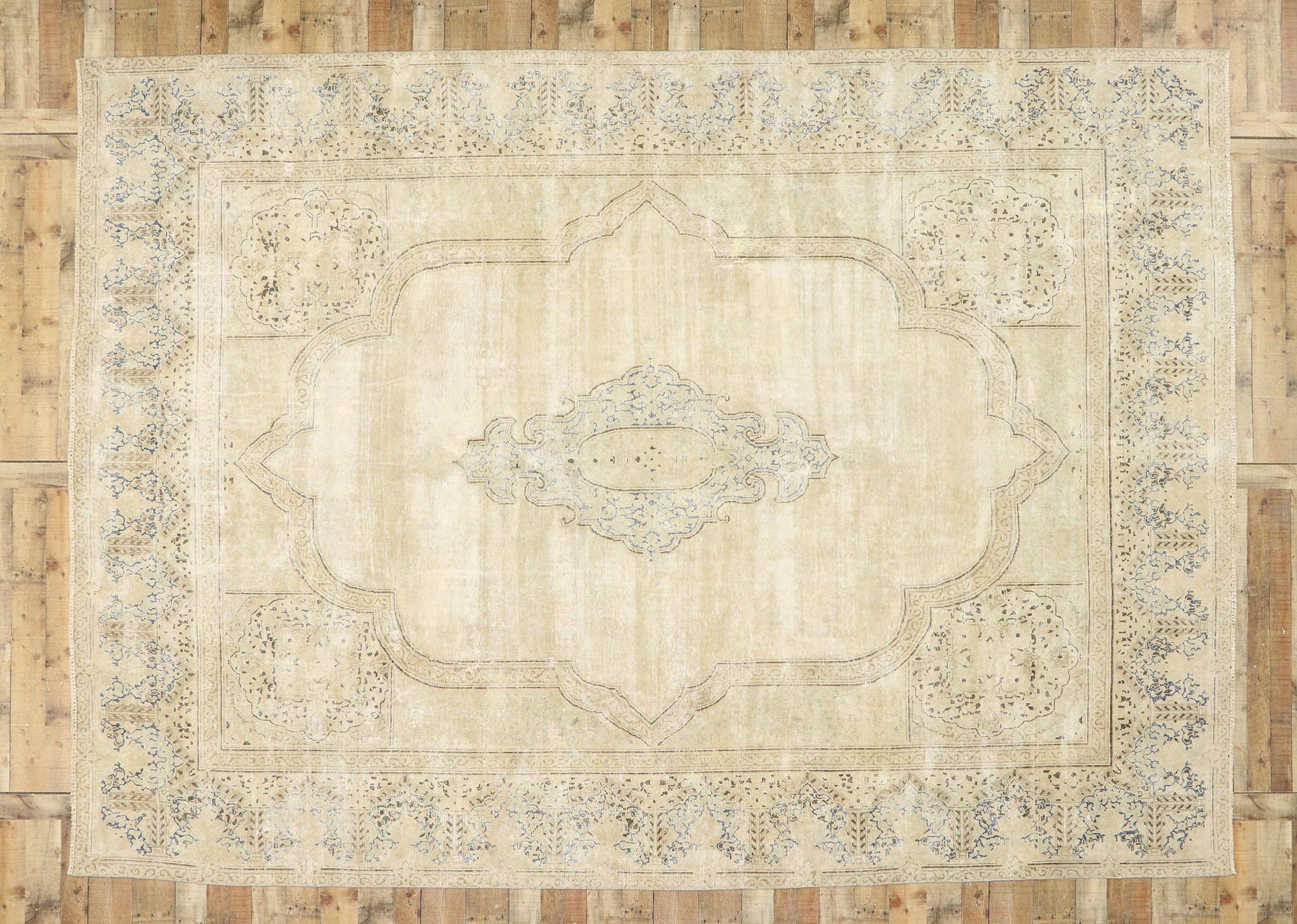 Distressed Vintage Persian Kerman Rug with Swedish Gustavian Cottage Style 1