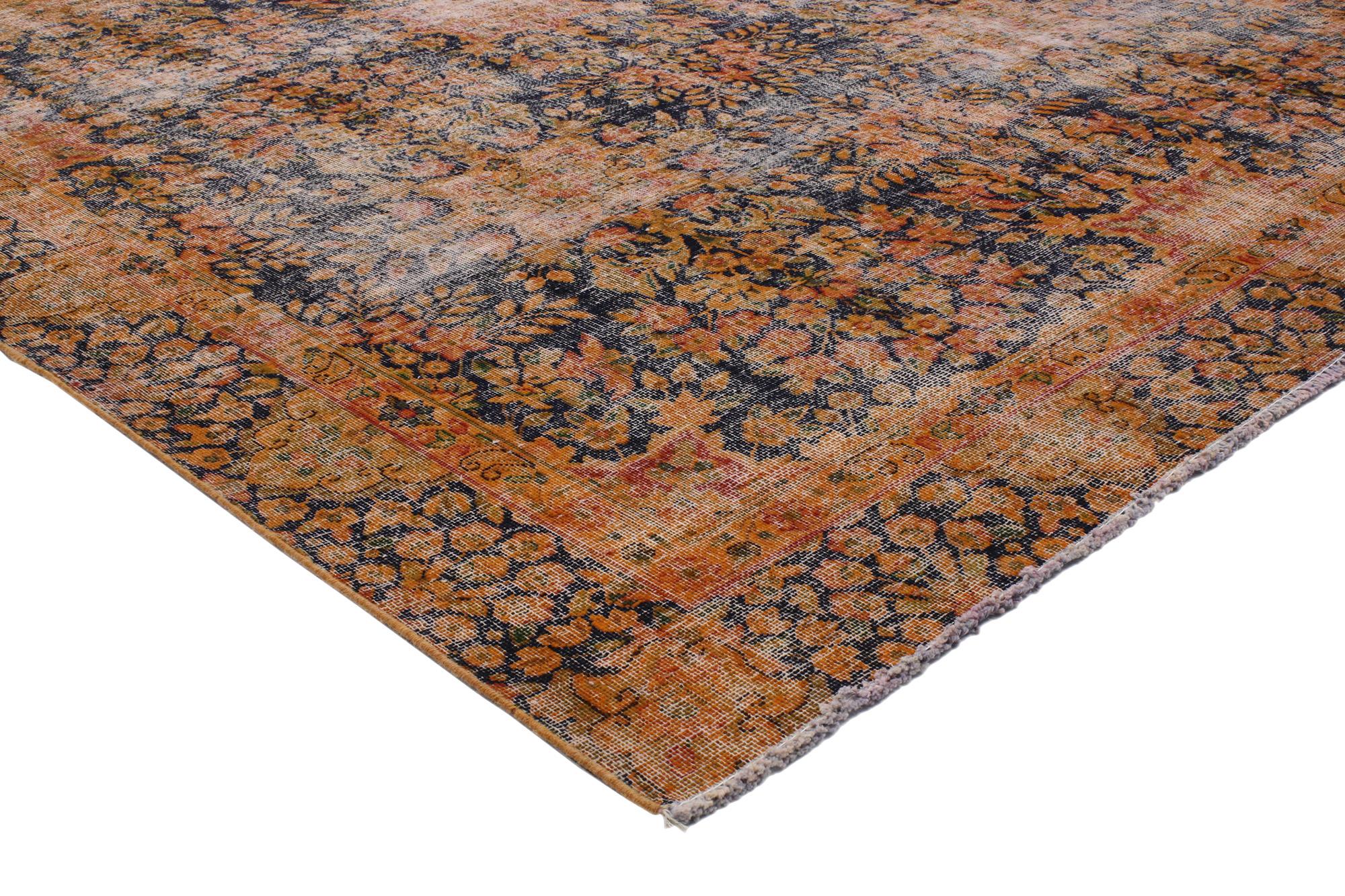 80304 Distressed Vintage Persian Kerman Rug, 07’01 x 10’03. Distressed Persian Kerman rugs are a specialized type of Persian rug that undergo intentional distressing techniques to achieve a vintage appearance, mimicking the charm of antique rugs