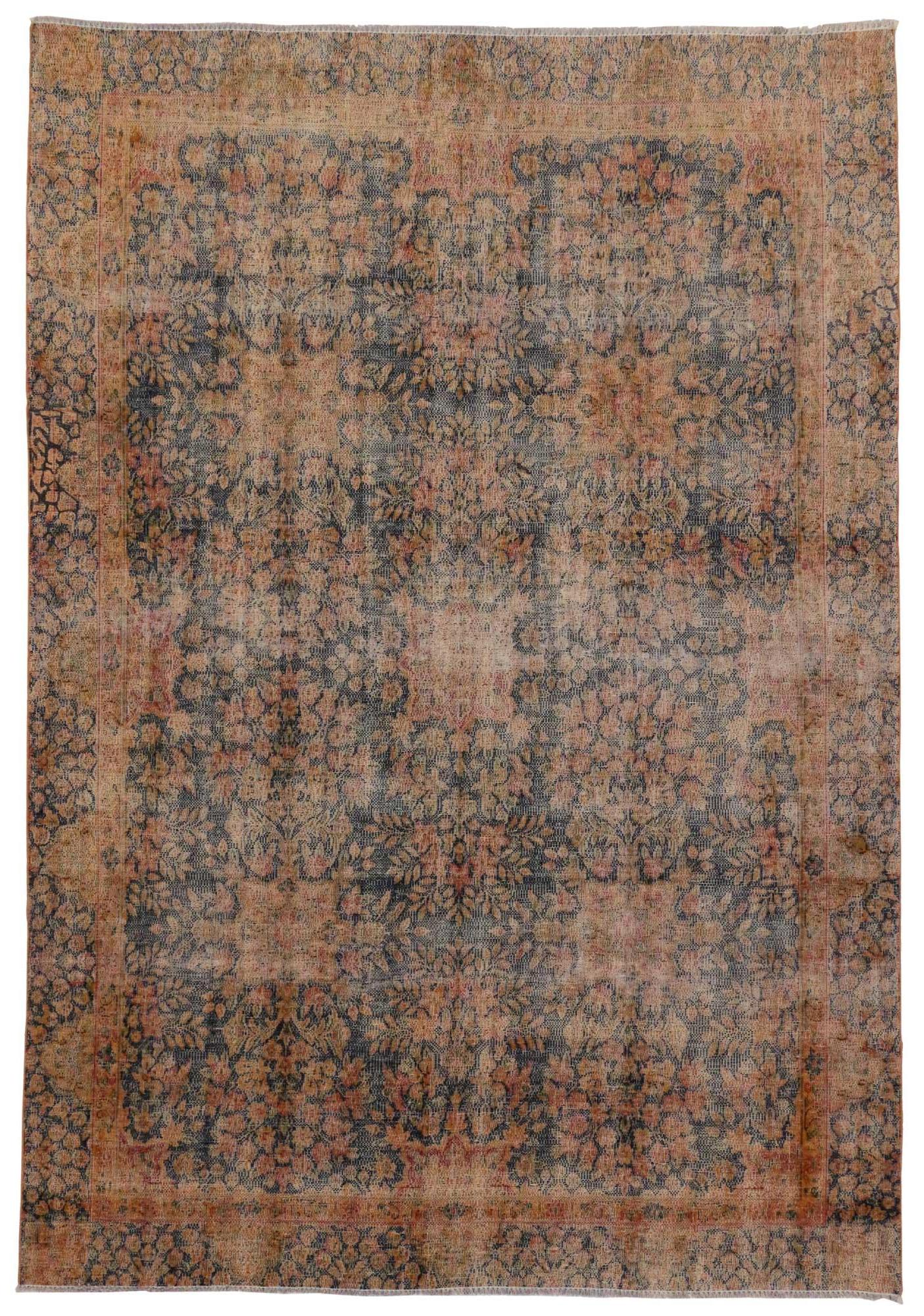 Distressed Vintage Persian Kerman Rug with Traditional English Rustic Style For Sale